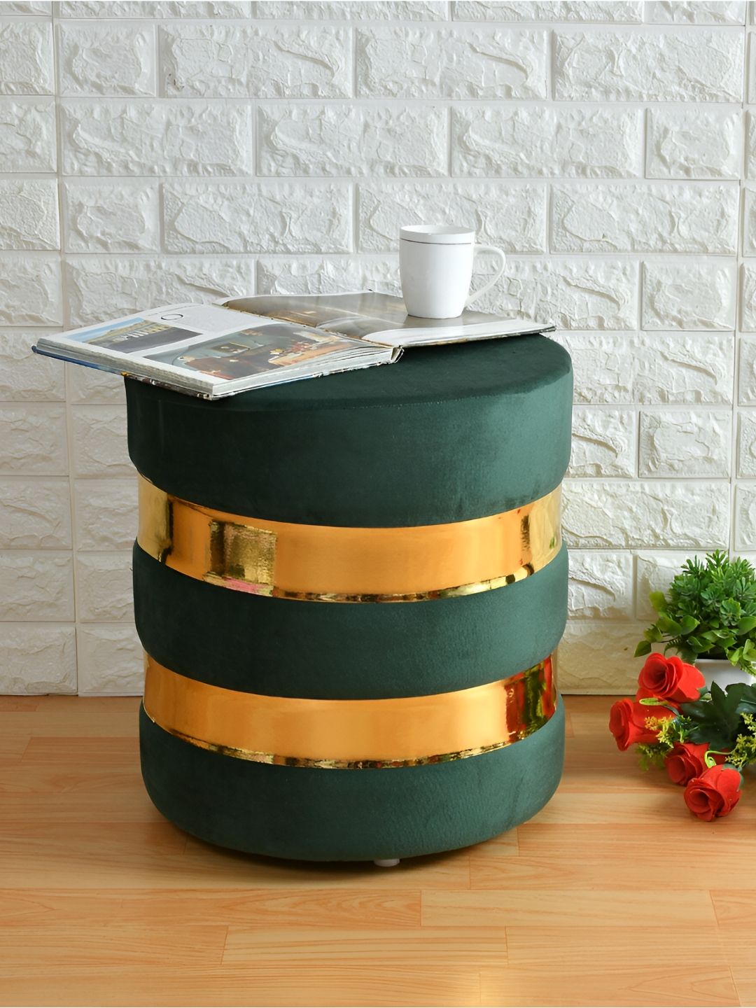 Shadowkart Green Embellished Wooden Round Shaped Pouffes Ottoman