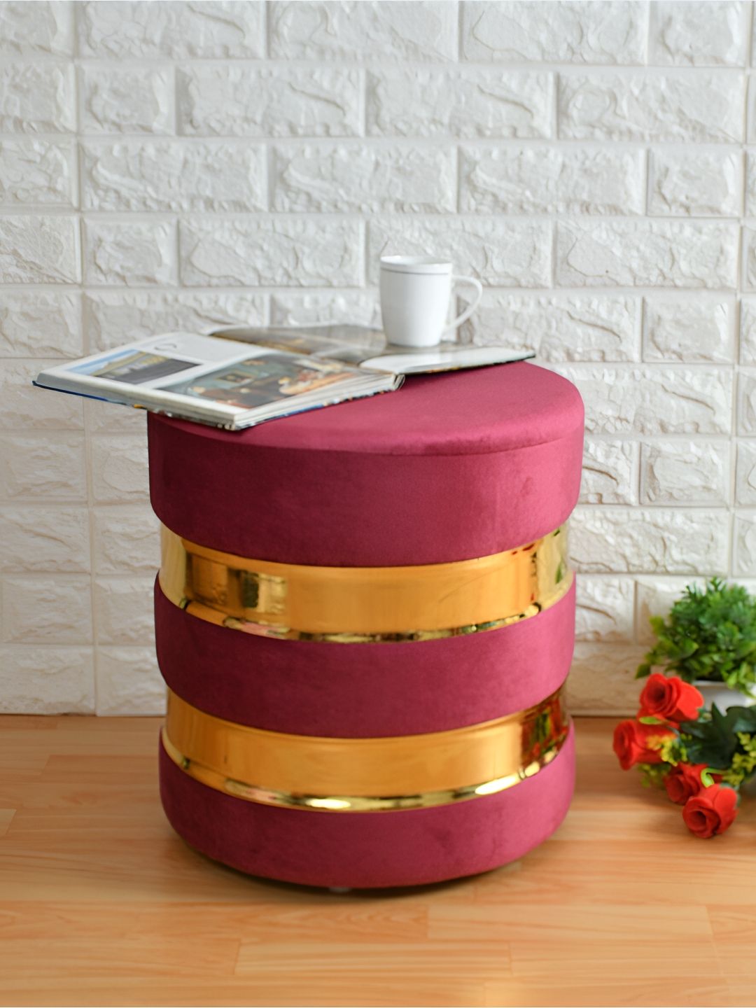 Shadowkart Pink & Gold Toned Velvet Cylindrical Ottoman