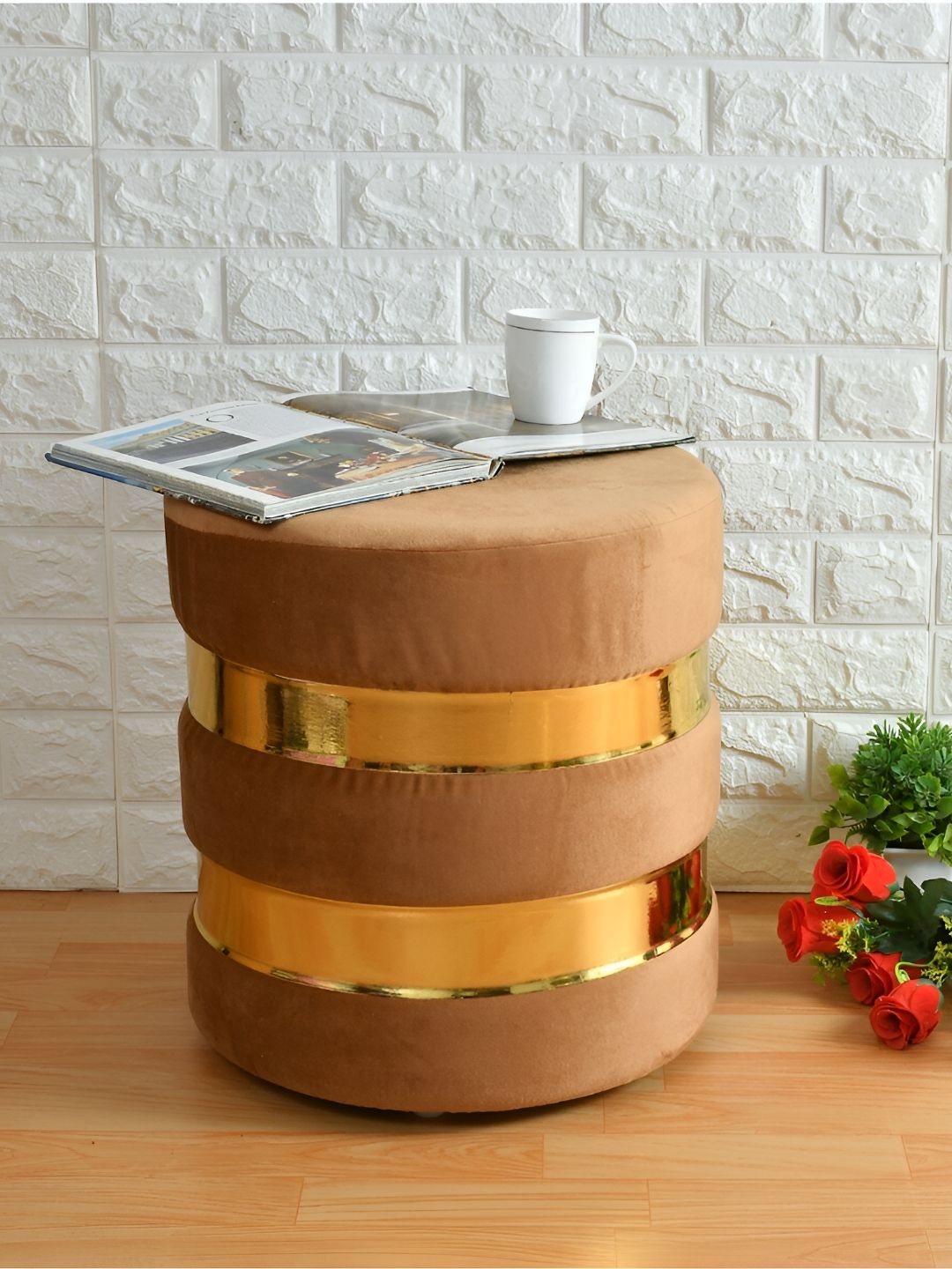Shadowkart Beige Wooden & Velvet Ottoman Pouffe Stool