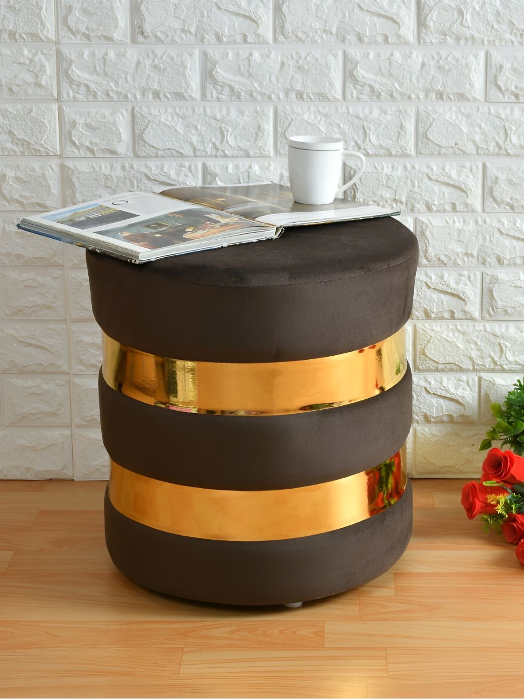 Shadowkart Coffee Brown Printed Pouffes Sitting Ottoman