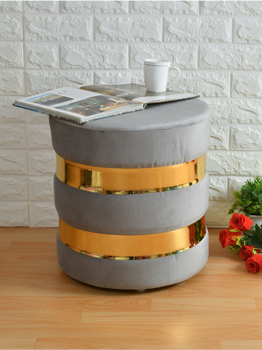Shadowkart Grey & Gold Toned  Round Wooden Tufted Ottomans