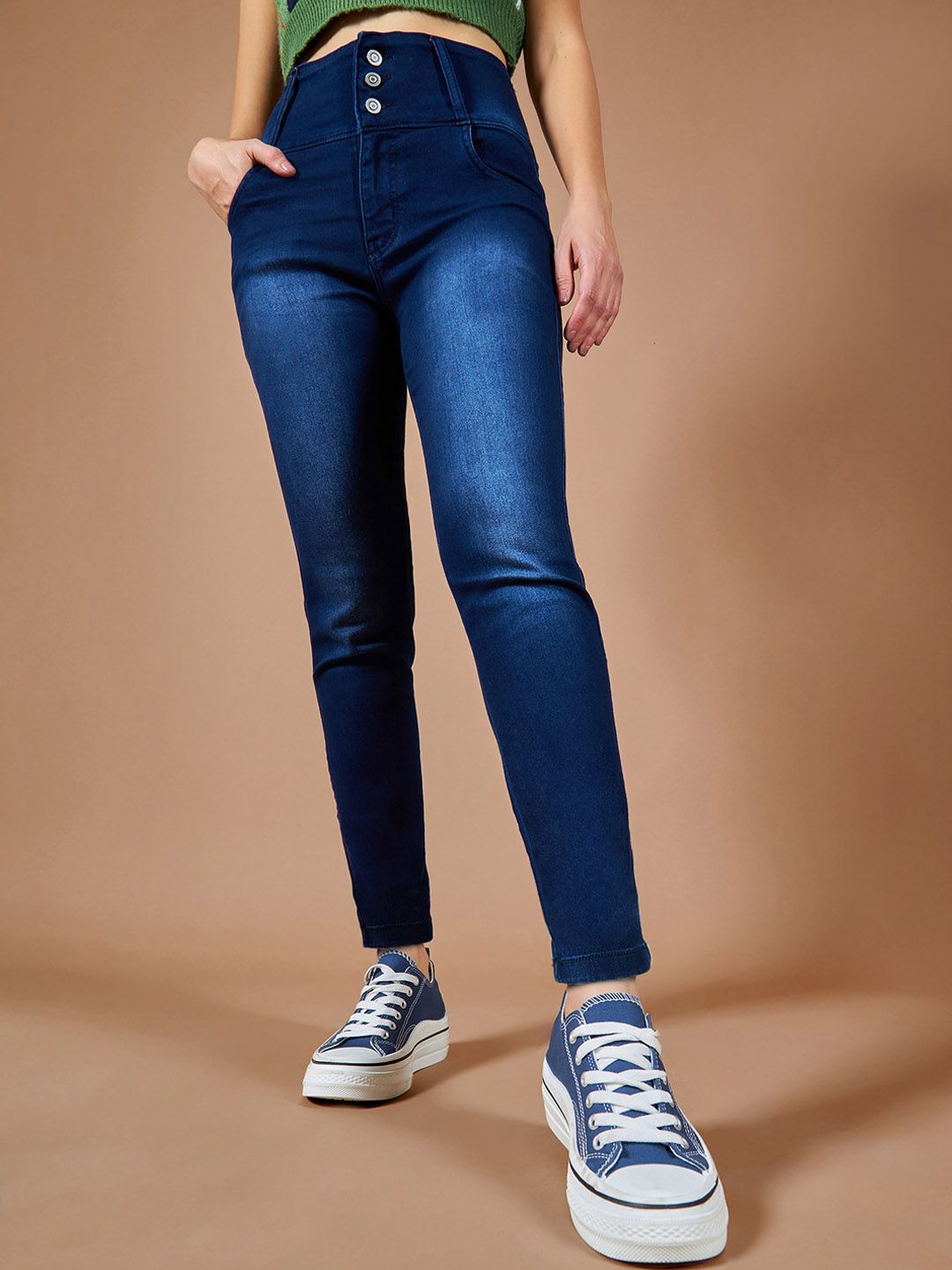 DOLCE CRUDO Women Navy Blue Mid Rise Skinny Fit High-Rise Light Fade Stretchable Jeans