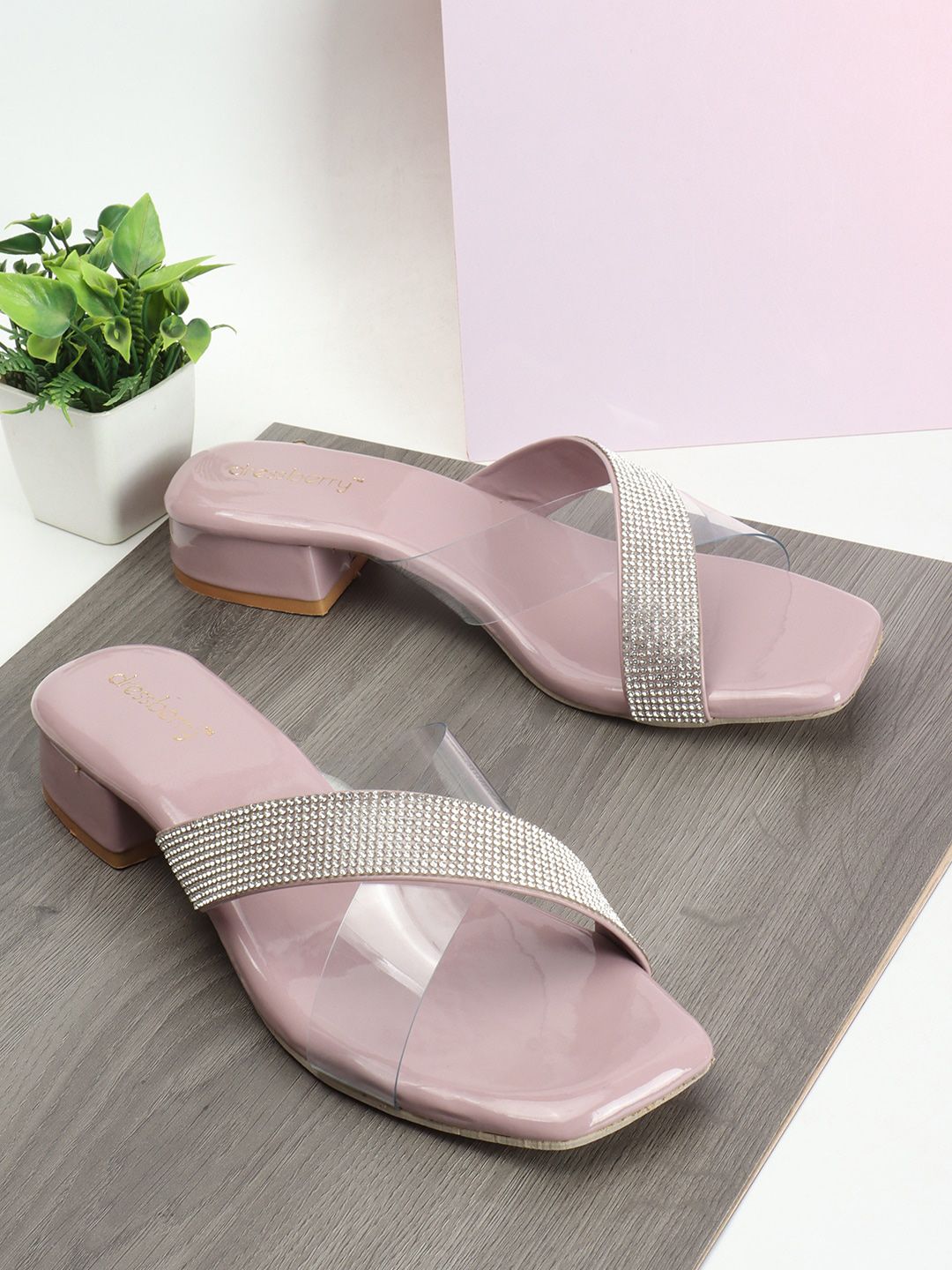 DressBerry Mauve Embellished Open Toe Block Heels