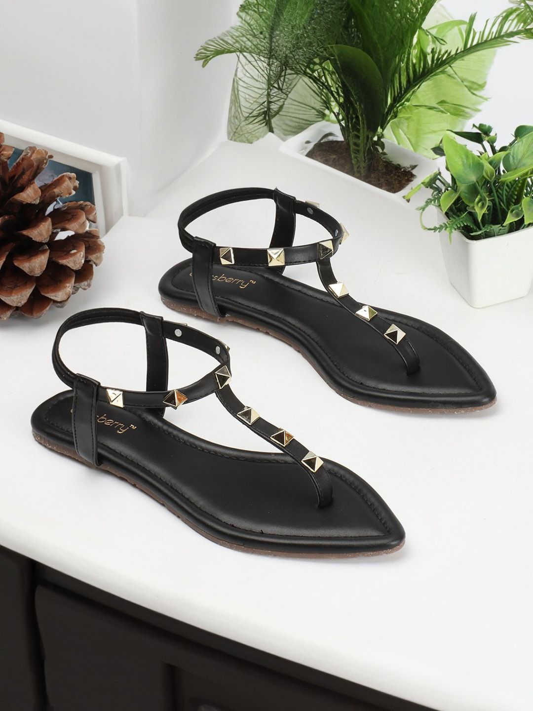 DressBerry Black Embellished Backstrap Open Toe Flats