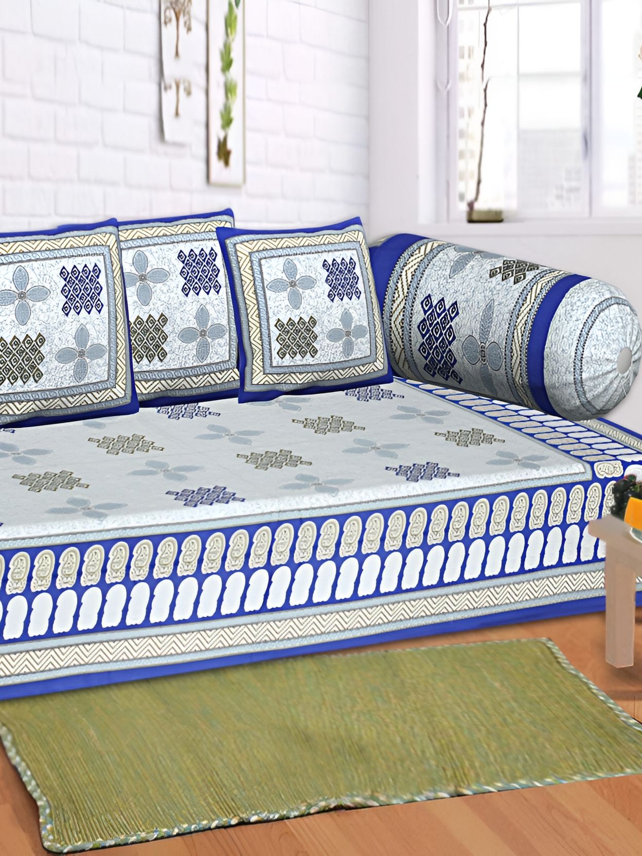 Texstylers 6-Pcs Blue & Black Ethnic Motif Printed Cotton Diwan Set