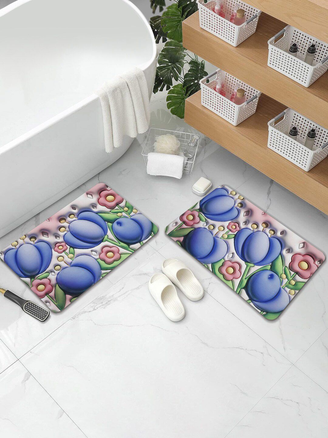 Aura 2-Pcs Blue & Pink Floral Printed Water Absorbent Bath Rugs