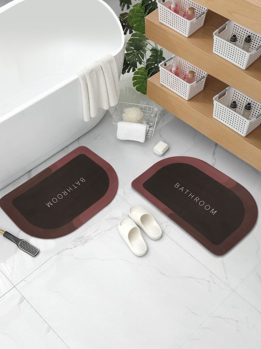 Aura 2-Pcs Brown & Black Abstract Printed Water Absorbent Bath Rugs