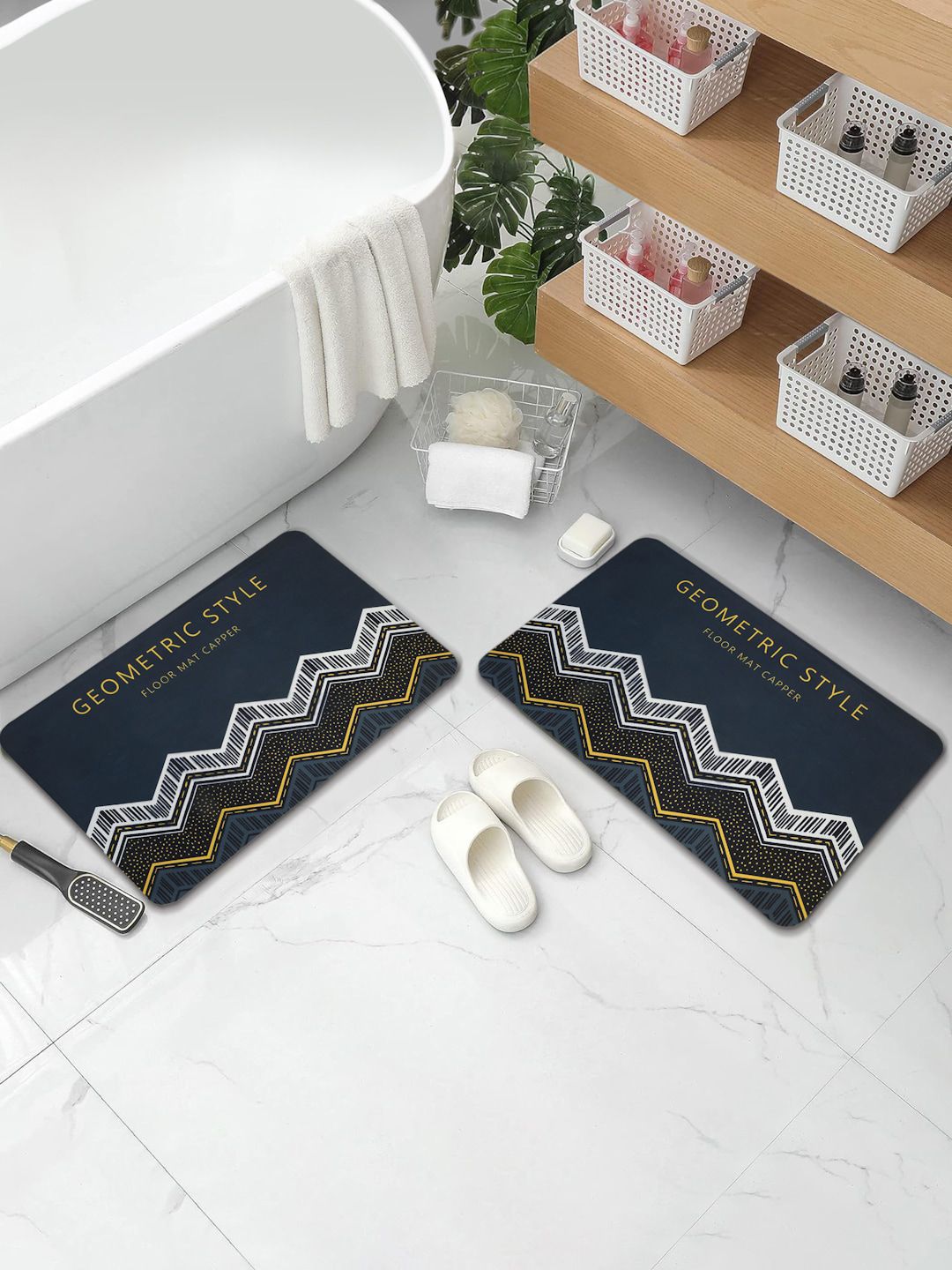 Aura 2-Pcs Blue & White Printed Water Absorbent Bath Rugs