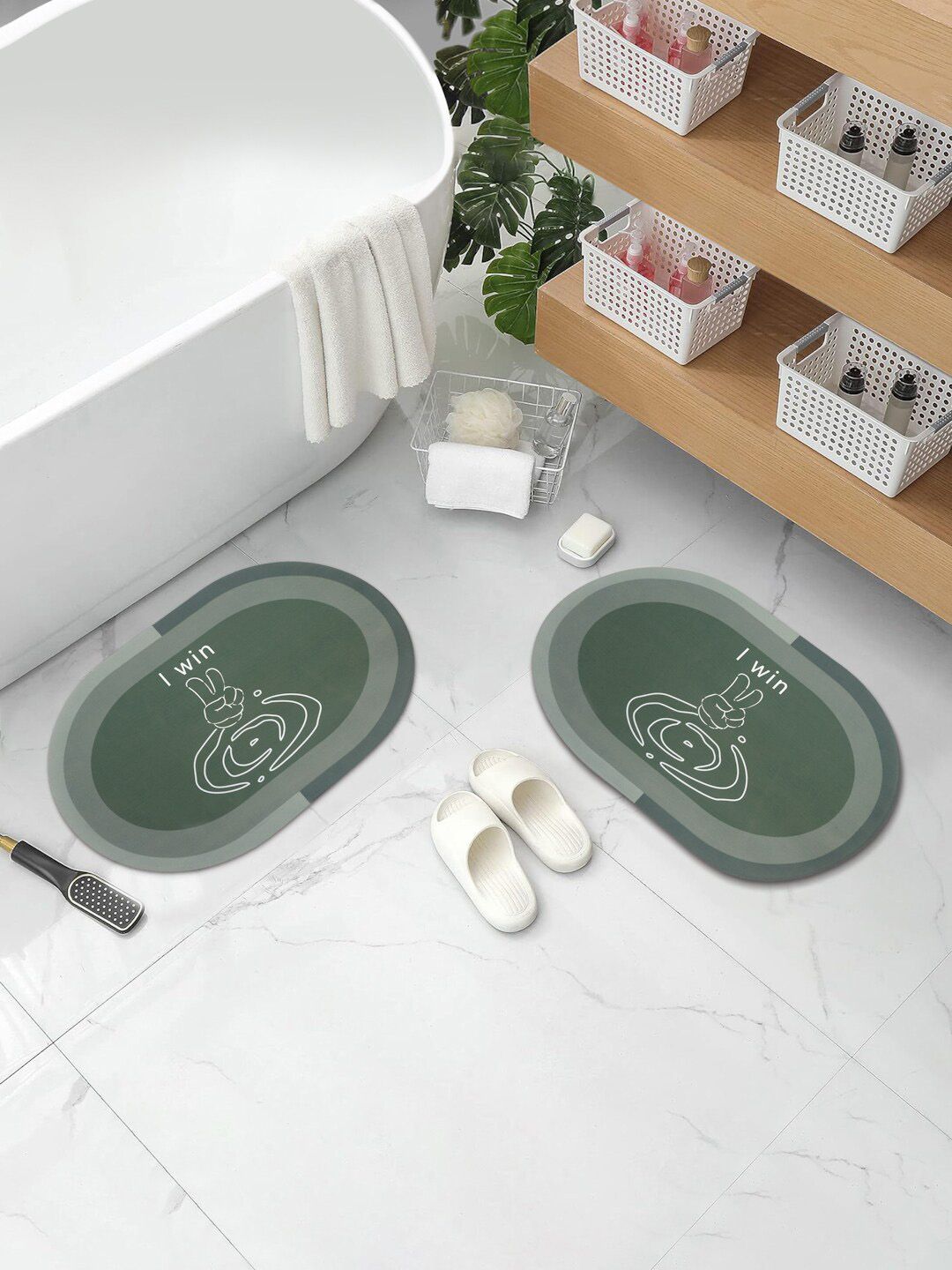 Aura 2-Pcs Green & White Printed Water Absorbent Bath Rugs