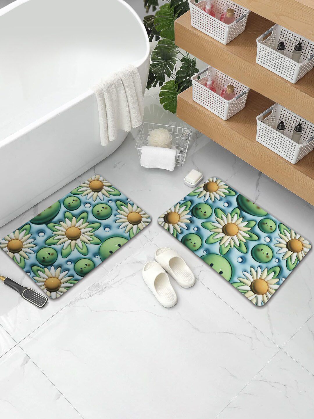 Aura 2-Pcs Green & Blue Floral Printed Water Absorbent Bath Rugs