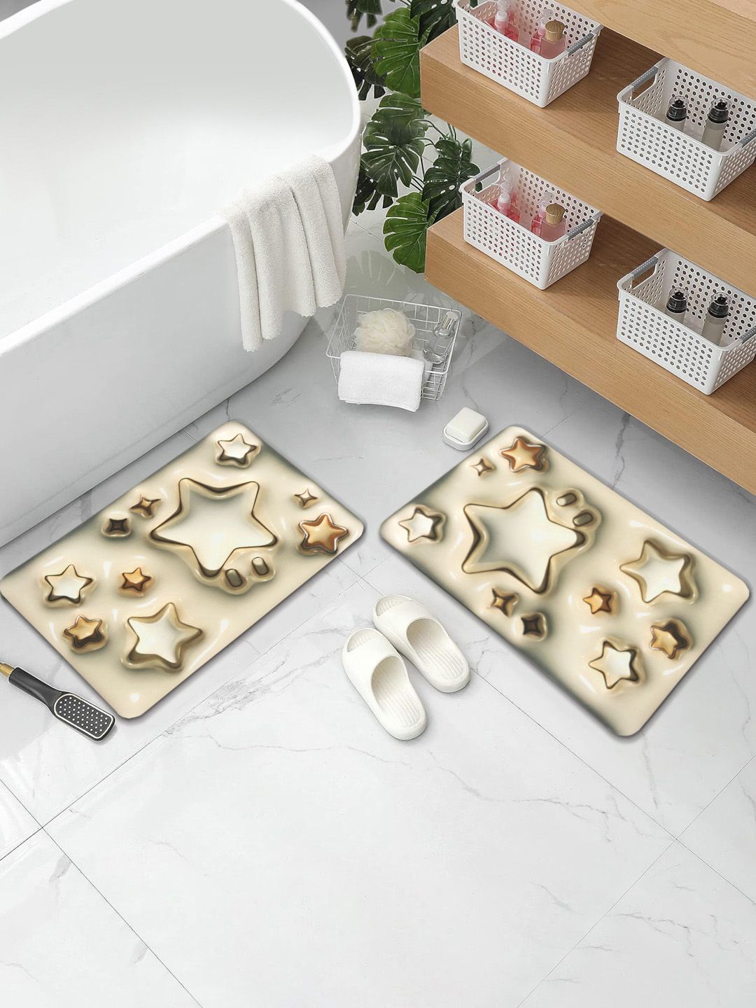 Aura 2-Pcs Beige & Yellow Star Printed Water Absorbent Bath Rugs