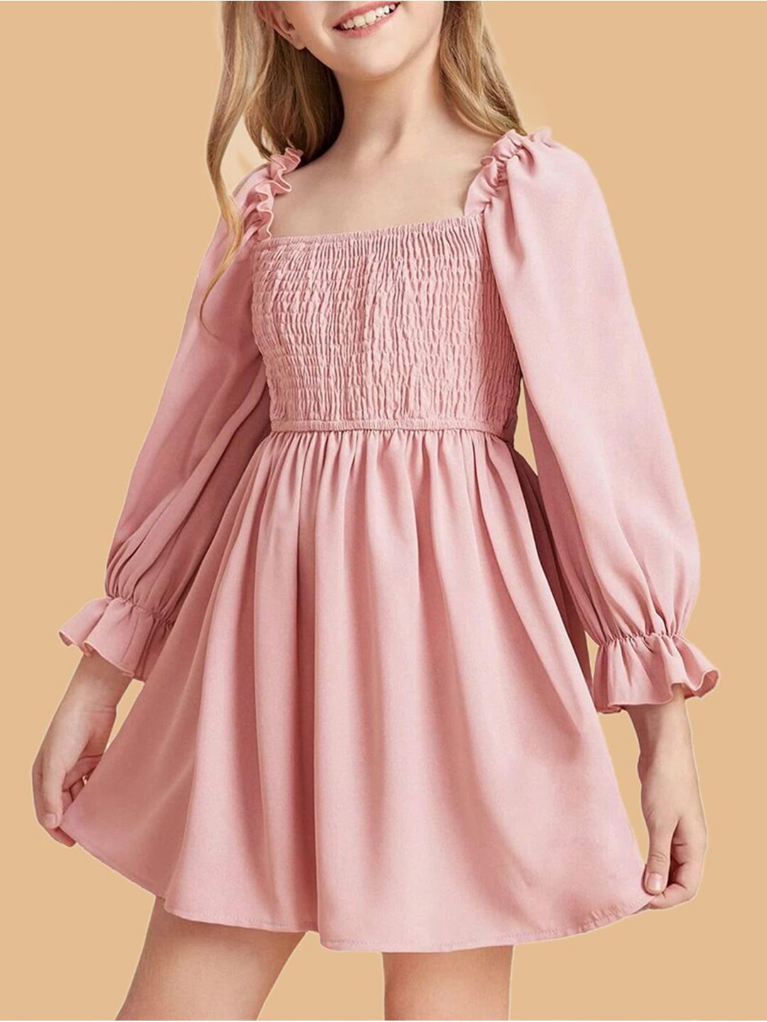 INCLUD Girls Smocked Square Neck Puff Sleeve Fit & Flare Mini Dress