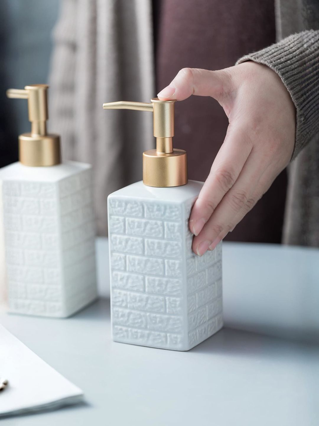 UMAI White and GoldToned Ceramic Liquid Soap Dispenser 350 ml