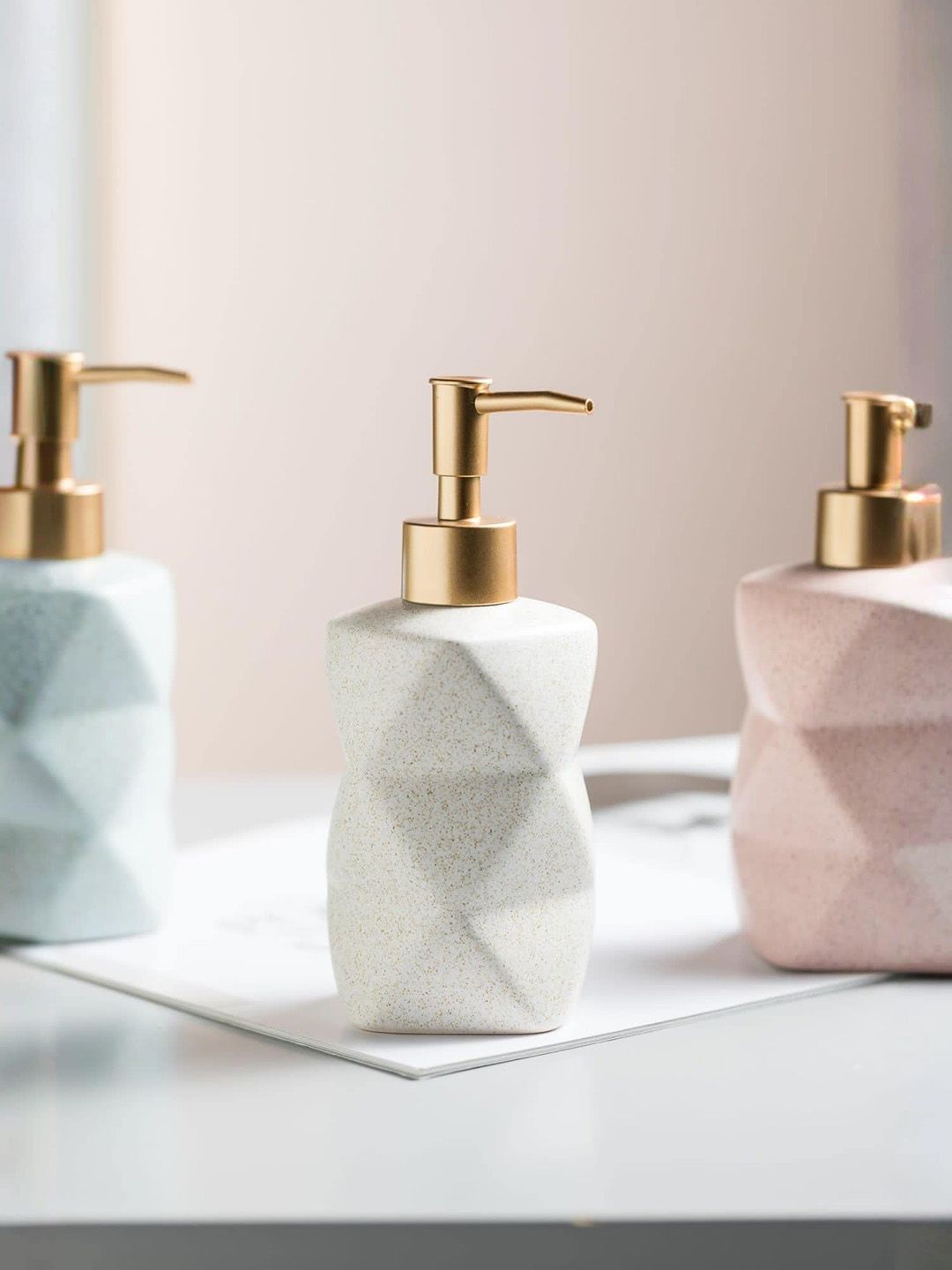 UMAI White and GoldToned Textured Liquid Soap Dispenser 300 ml