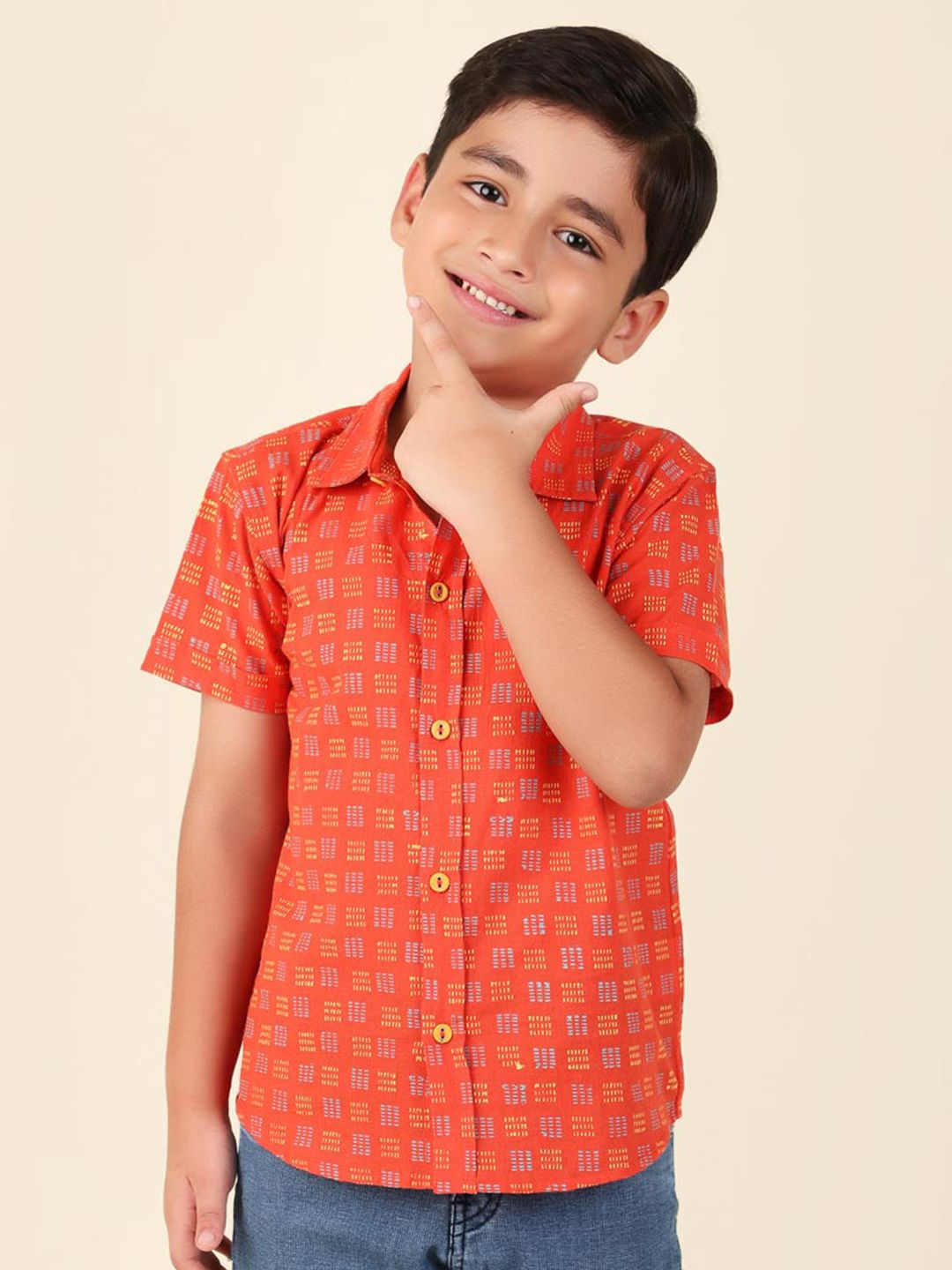 Fabindia Boys Geometric Printed Spread Collar Cotton Opaque Casual Shirt