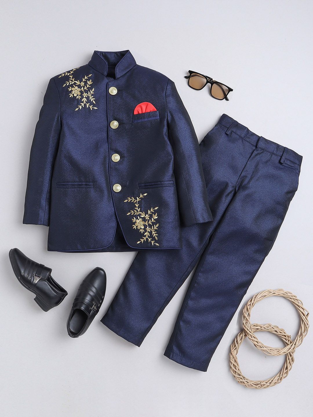 Jeetethnics Boys Embroidered Mandarin Collar Silk Cotton Bandhgala 2 Piece Suit