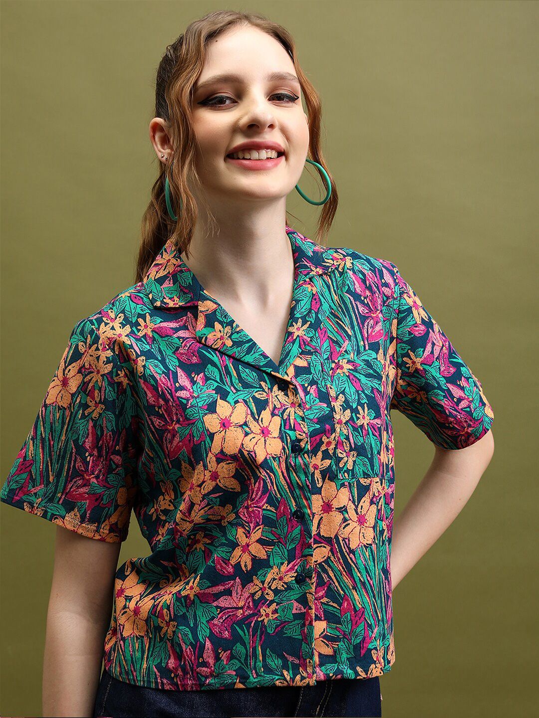 Printed Cotton Shirt Style Top Tokyo Talkies Teal Green Floral Printed Cotton Shirt Style Top