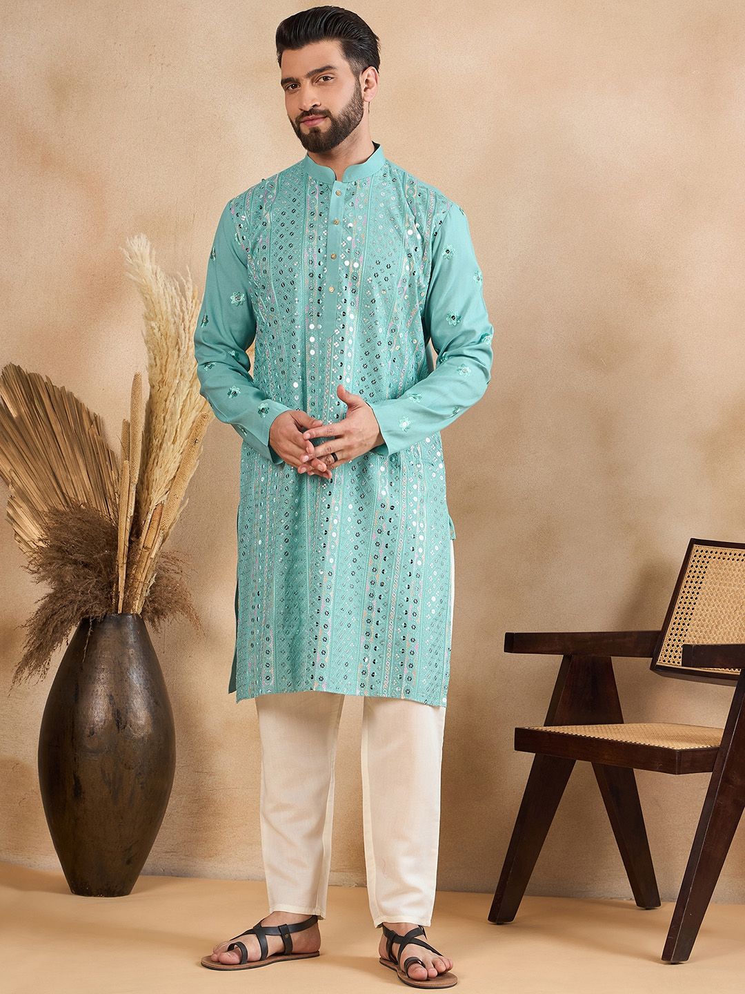 House of Pataudi Embellished Mandarin Collar Straight Kurta