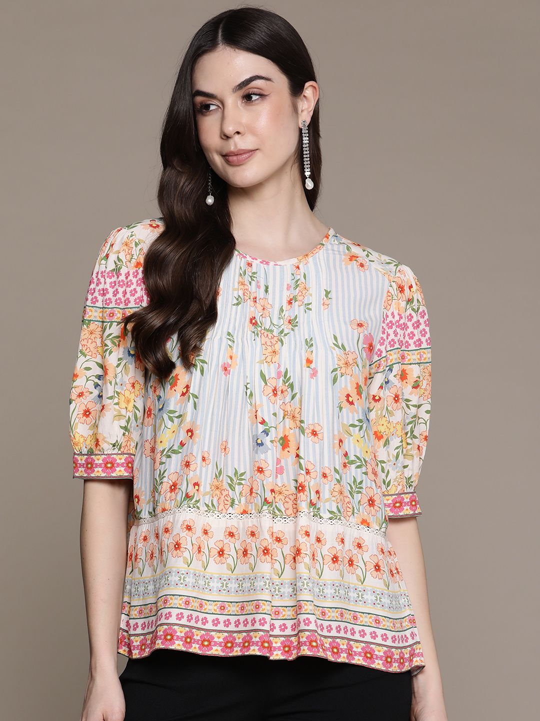 Label Ritu Kumar Floral Print Puff Sleeves Crepe Peplum Top