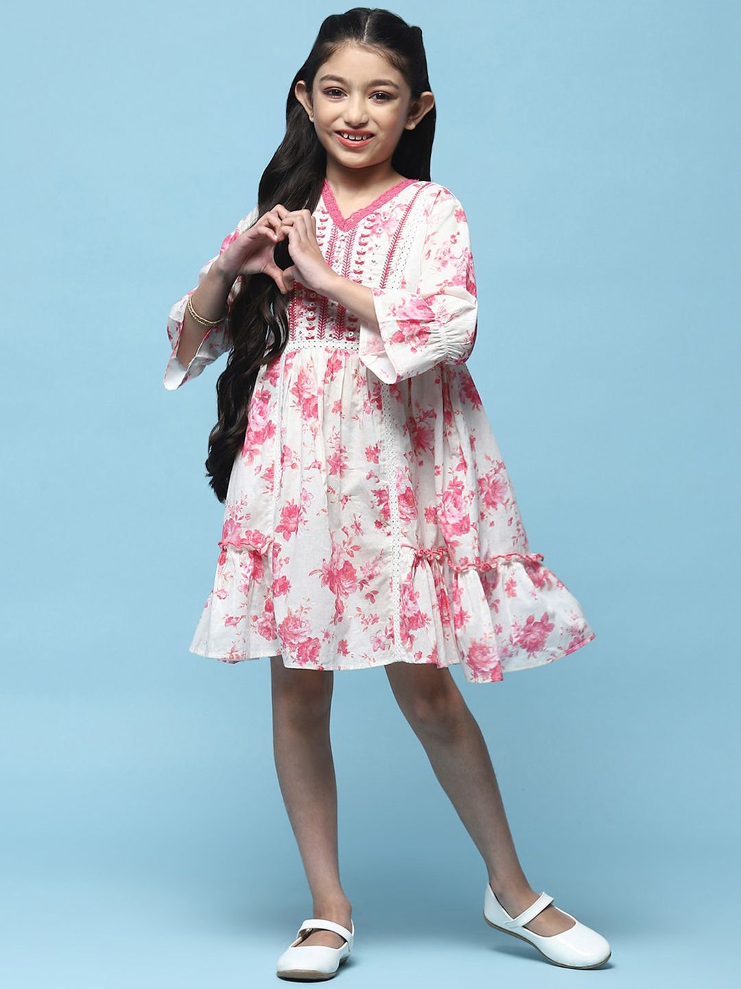 Biba Girls Floral Print V-Neck Three-Quarter Bell Sleeves Cotton A-Line Dress