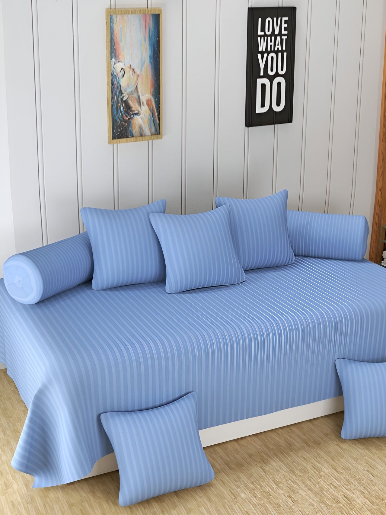 Homefab India 8 Pieces Blue Striped Cotton 180 TC Diwan Set