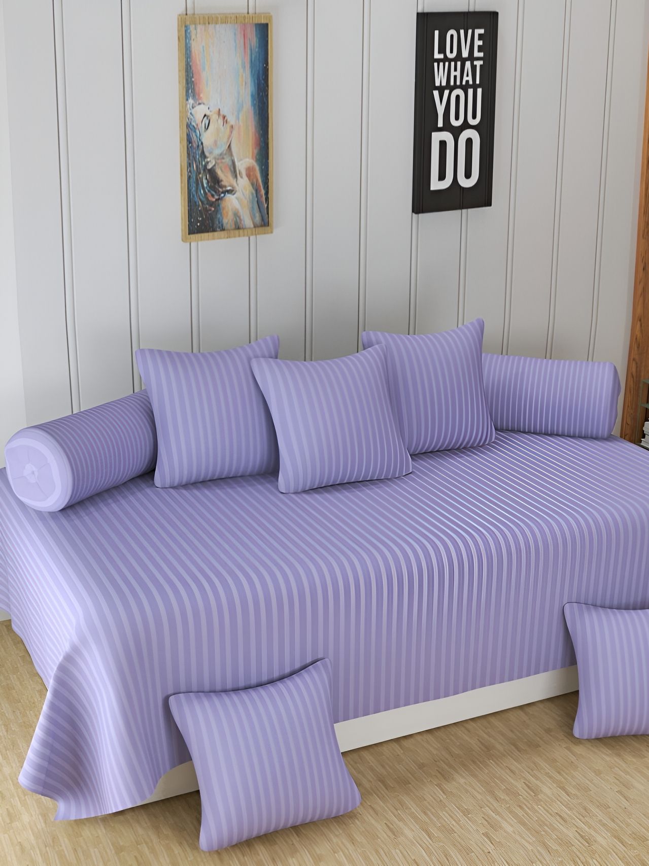 Homefab India 8 Pieces Purple Striped Cotton 180 TC Diwan Set