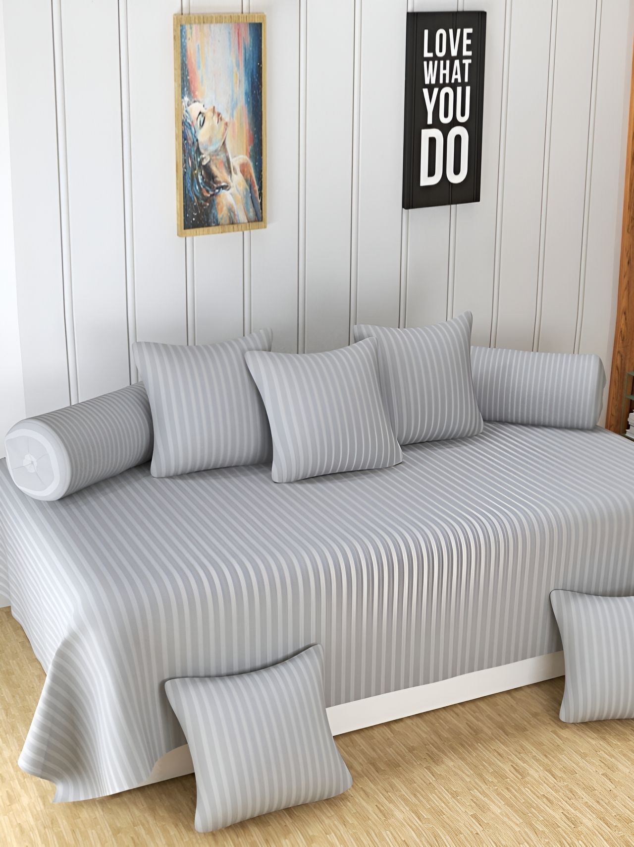 Homefab India 8 Pieces Grey Striped Cotton 180 TC Diwan Set