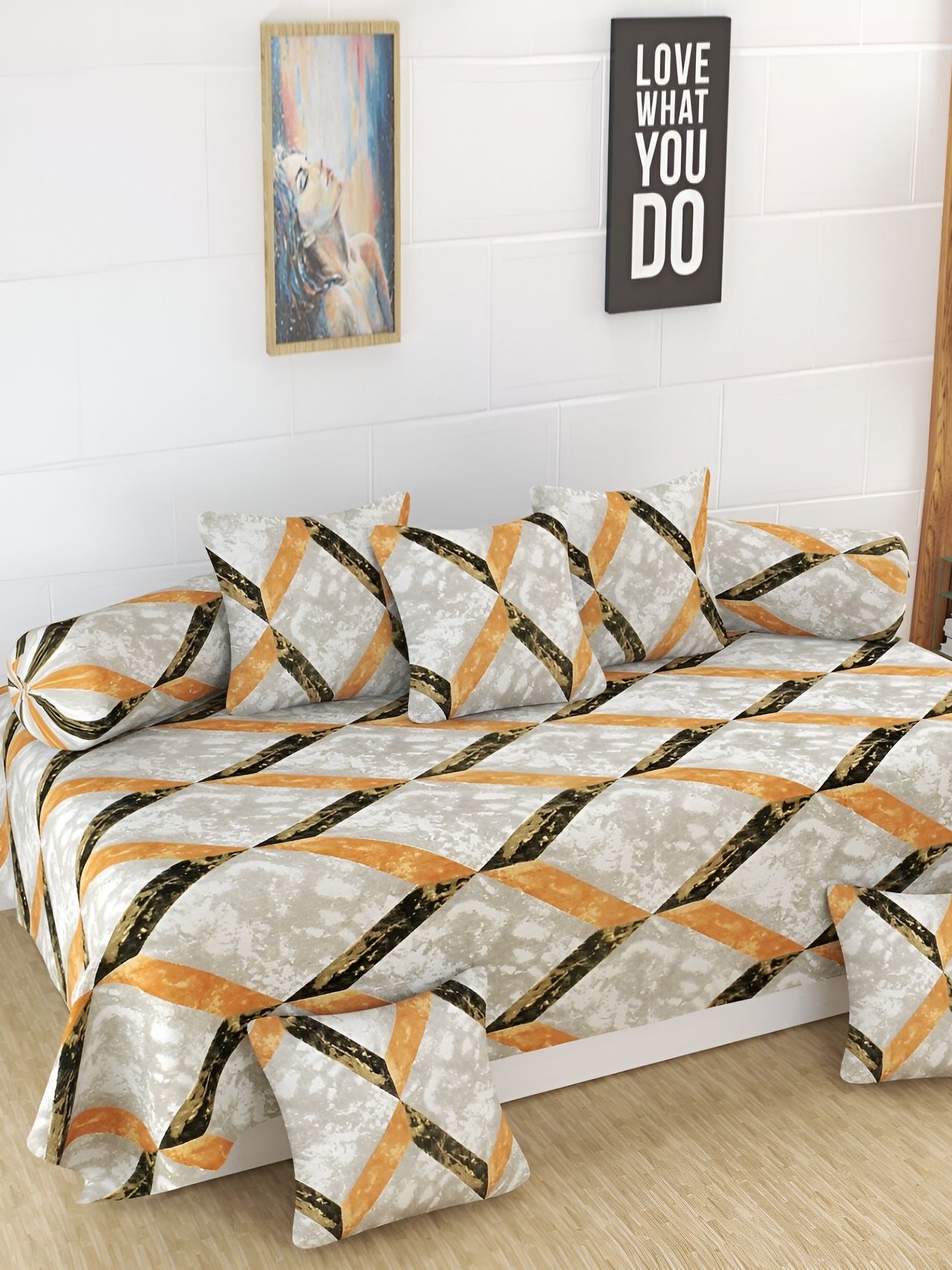 Homefab India 8 Pieces Beige & Brown Geometric Printed 180 TC Diwan Set