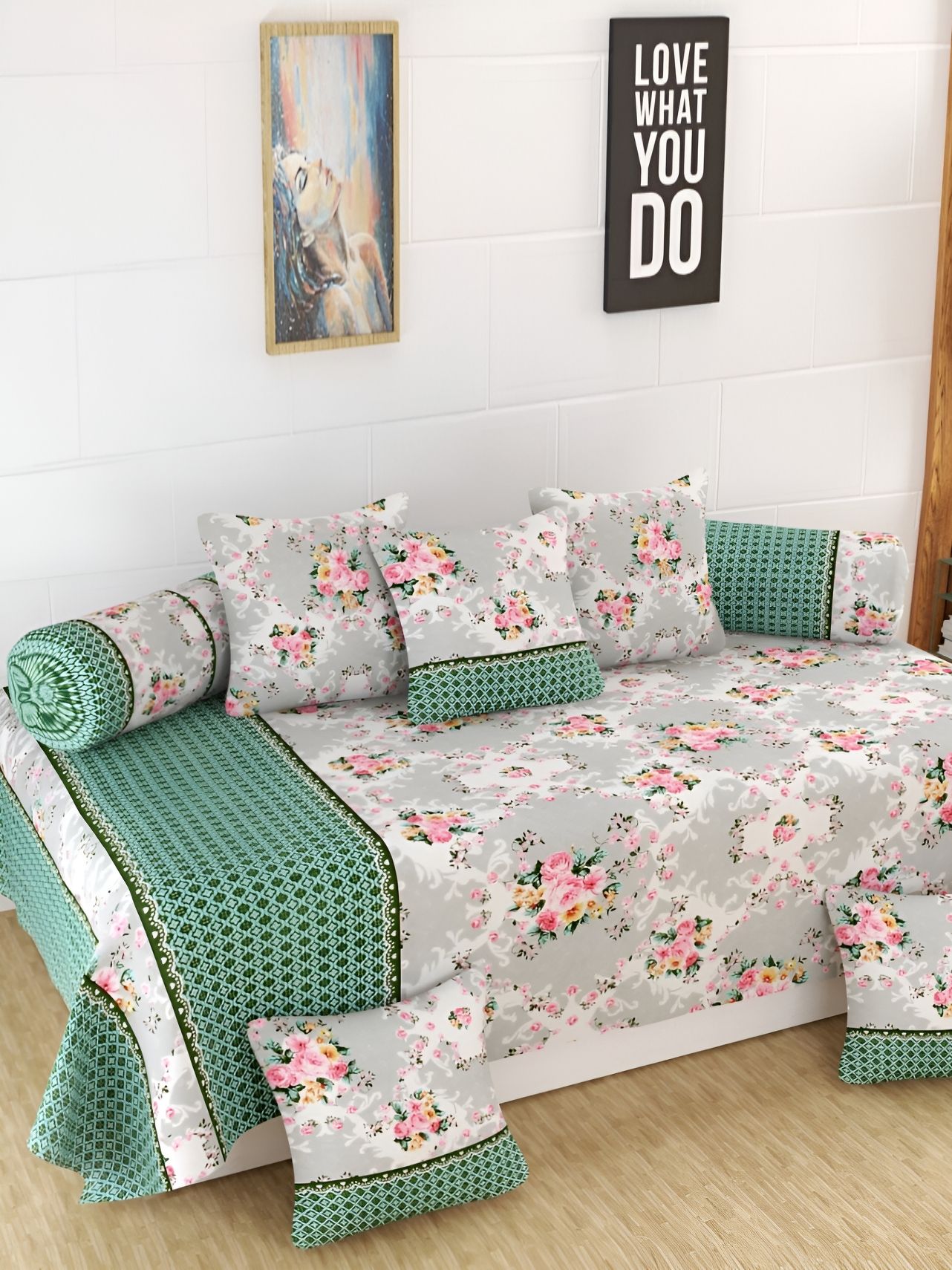 Homefab India 8 Pieces Green & White Floral -Printed 180 TC Diwan Set