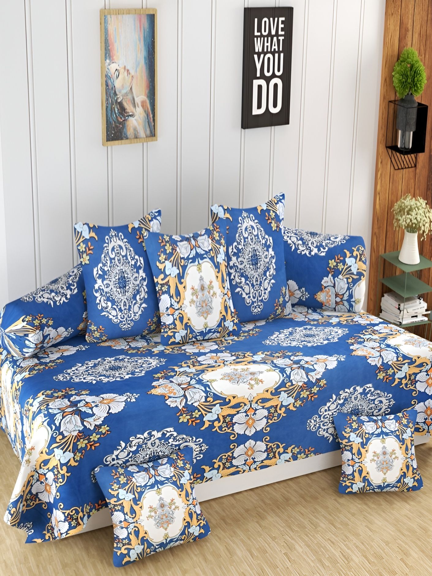 Homefab India 8 Pieces Blue & White Ethnic Motif -Printed 180 TC Diwan Set
