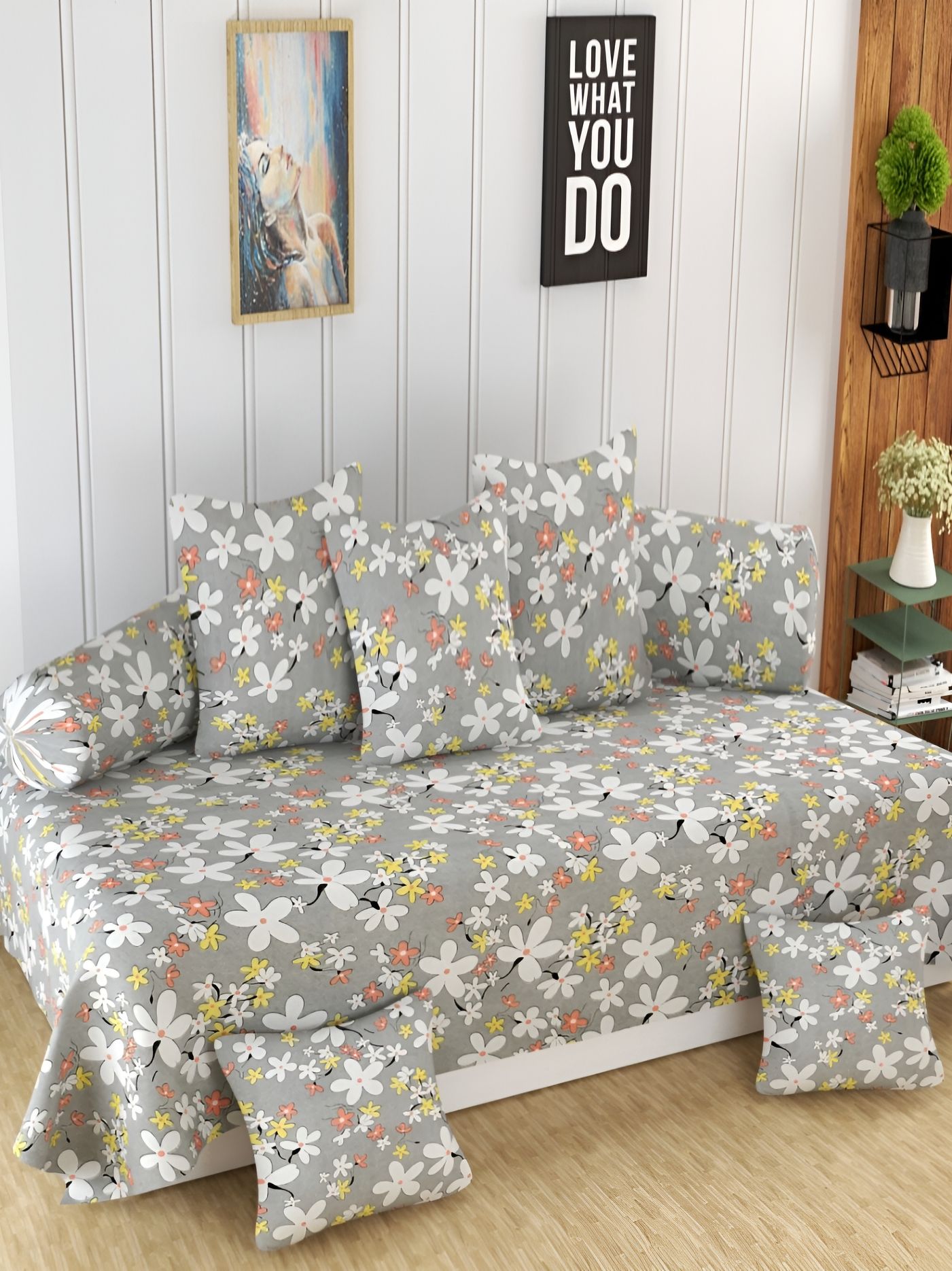 Homefab India 8 Pieces Grey & White Floral -Printed 180 TC Diwan Set
