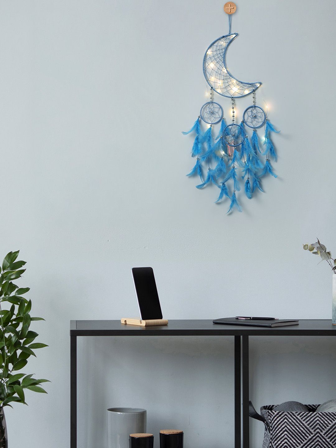 DULI Blue & Silver Toned Metal Crescent Moon Hanging With Lights Windchime