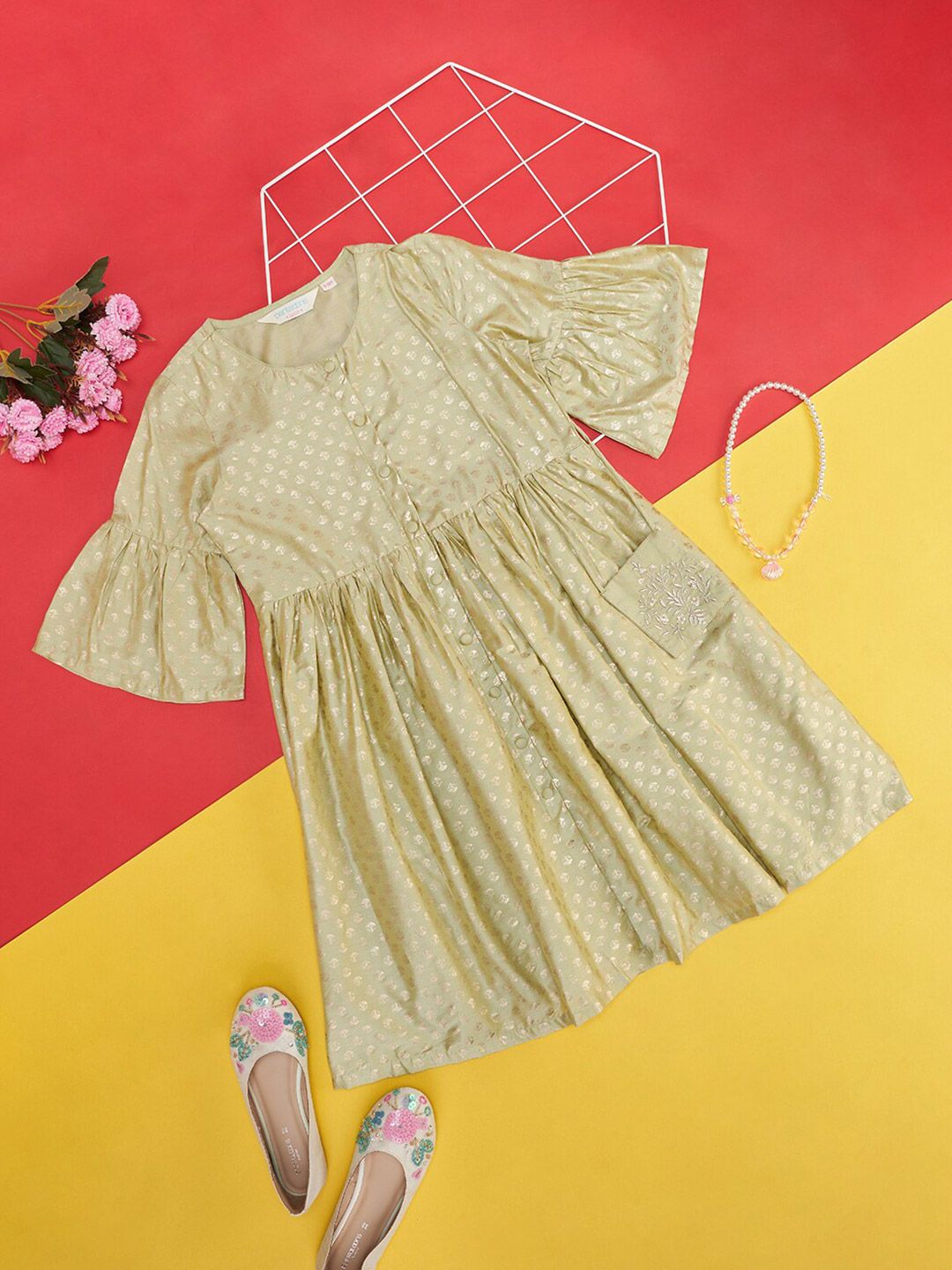 AKKRITI BY PANTALOONS Girls Printed Flared Sleeve Fit & Flare Dress