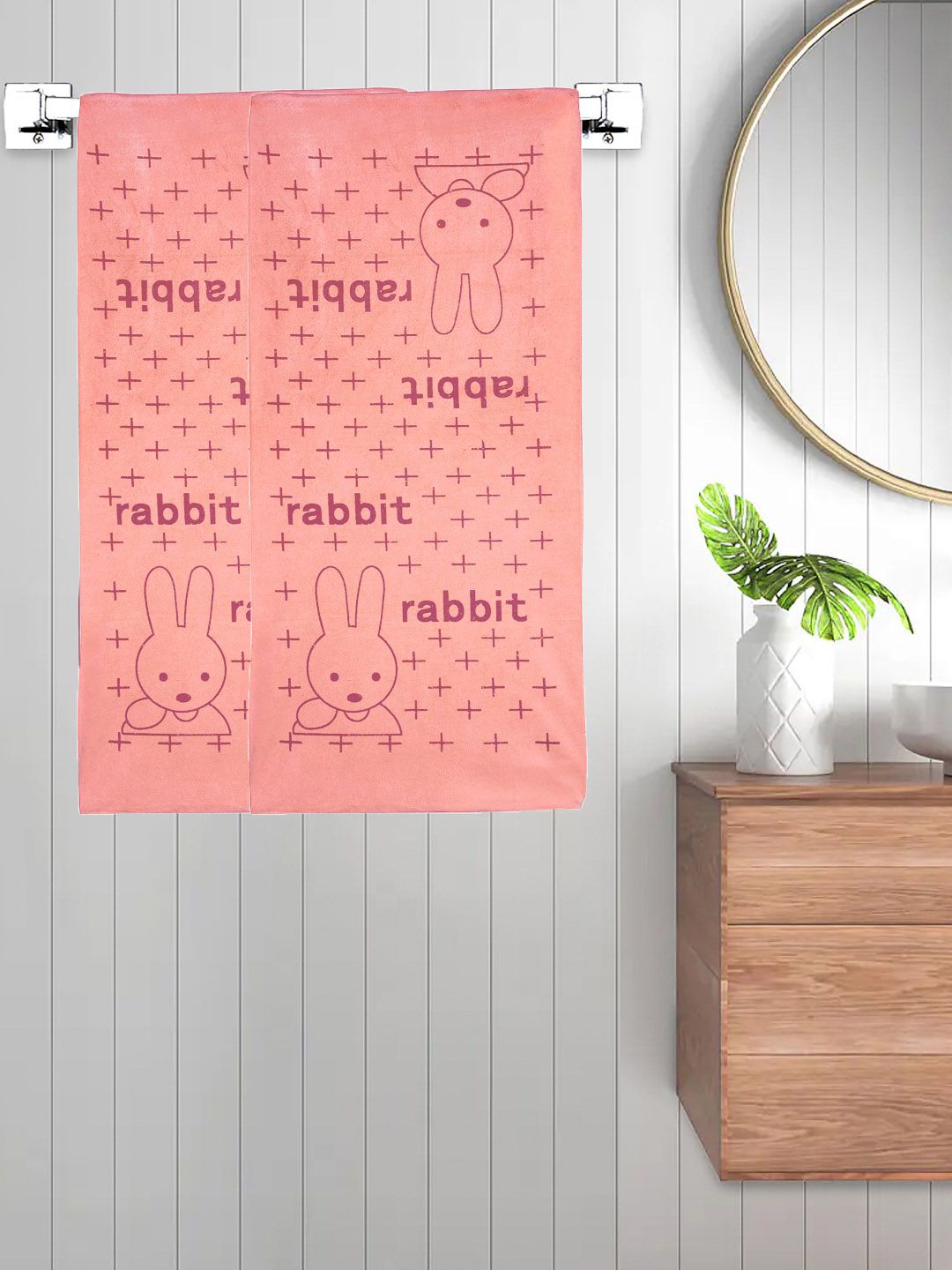FABINALIV Orange 2 Pieces Cartoon Print 300 GSM Cotton Kids Bath Towels