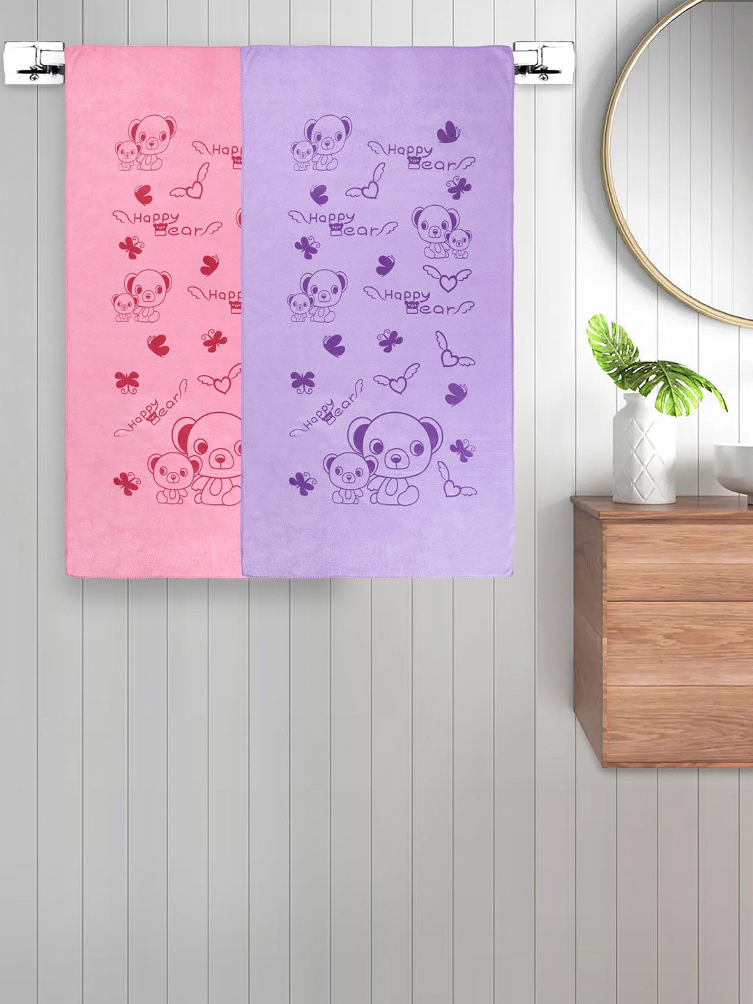 FABINALIV Lavender Pink 2 Pieces Cartoon Print 300 GSM Cotton Kids Bath Towels