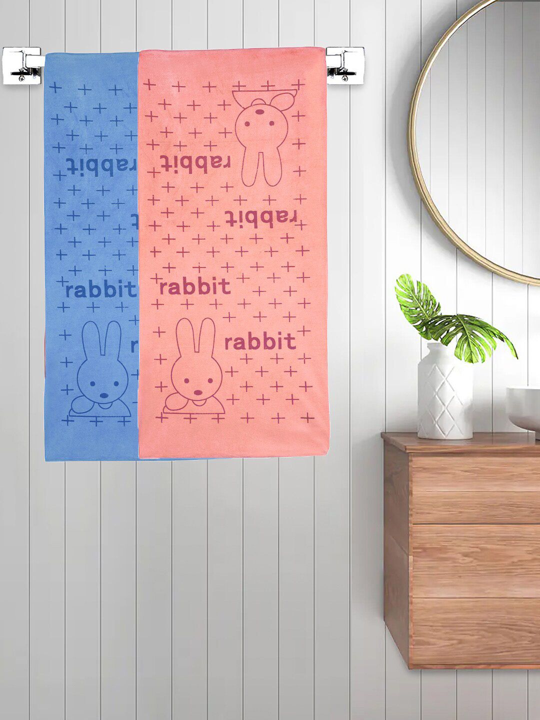FABINALIV Peach Blue 2 Pieces Cartoon Print 300 GSM Cotton Kids Bath Towels