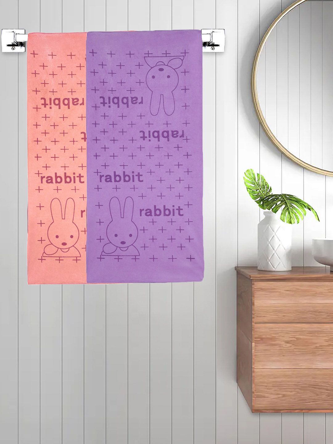 FABINALIV Kids Purple & Orange 2 Pieces Printed Cotton 300 GSM Bath Towel