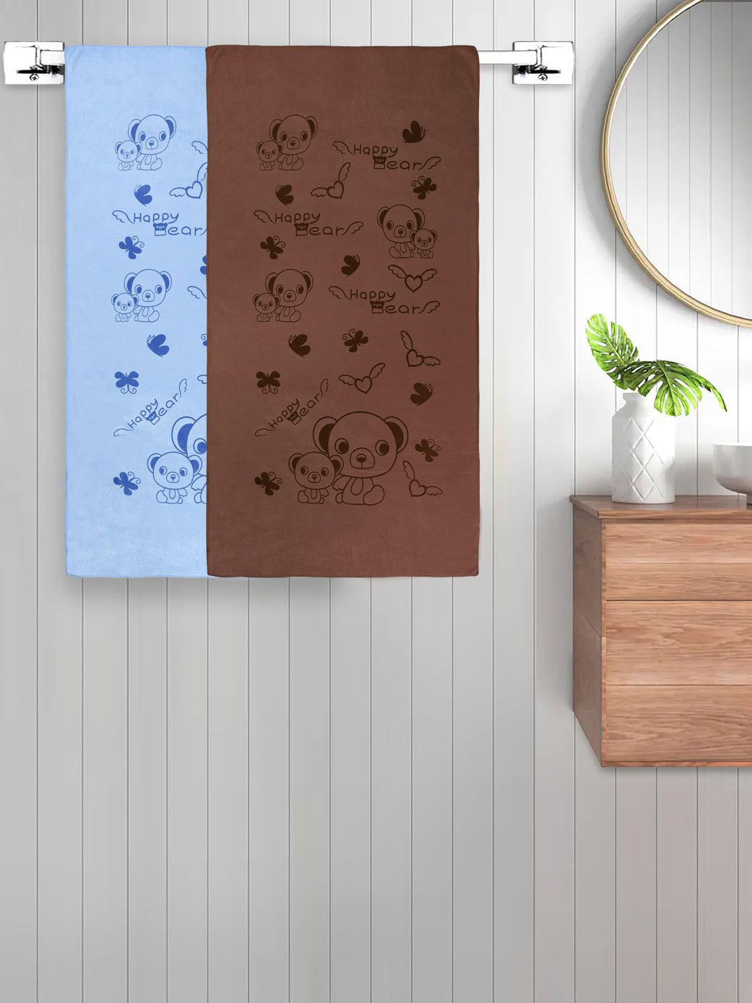 FABINALIV Kids Blue & Brown 2 Pieces Printed Cotton 300 GSM Bath Towel