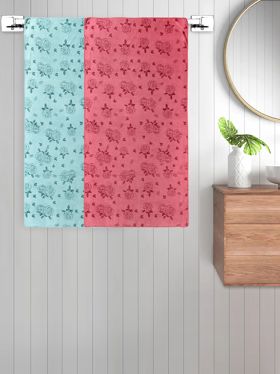 FABINALIV Blue & Red 2 Pieces Floral Printed Cotton 300 GSM Kids Bath Towels
