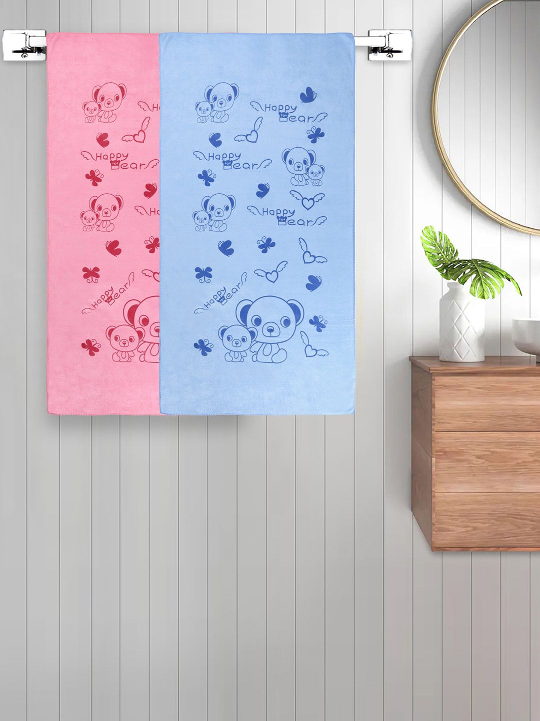 FABINALIV Kids Pink & Blue 2 Pieces Printed Cotton 300 GSM Bath Towel