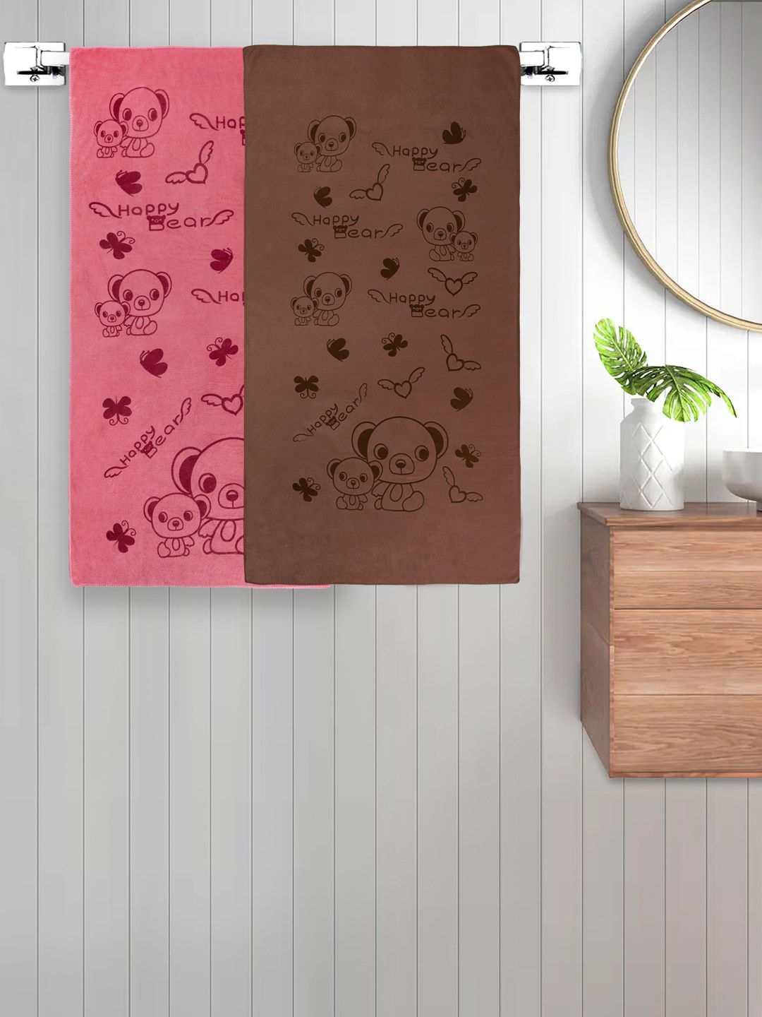 FABINALIV Kids Pink & Brown 2 Pieces Printed Cotton 300 GSM Bath Towel