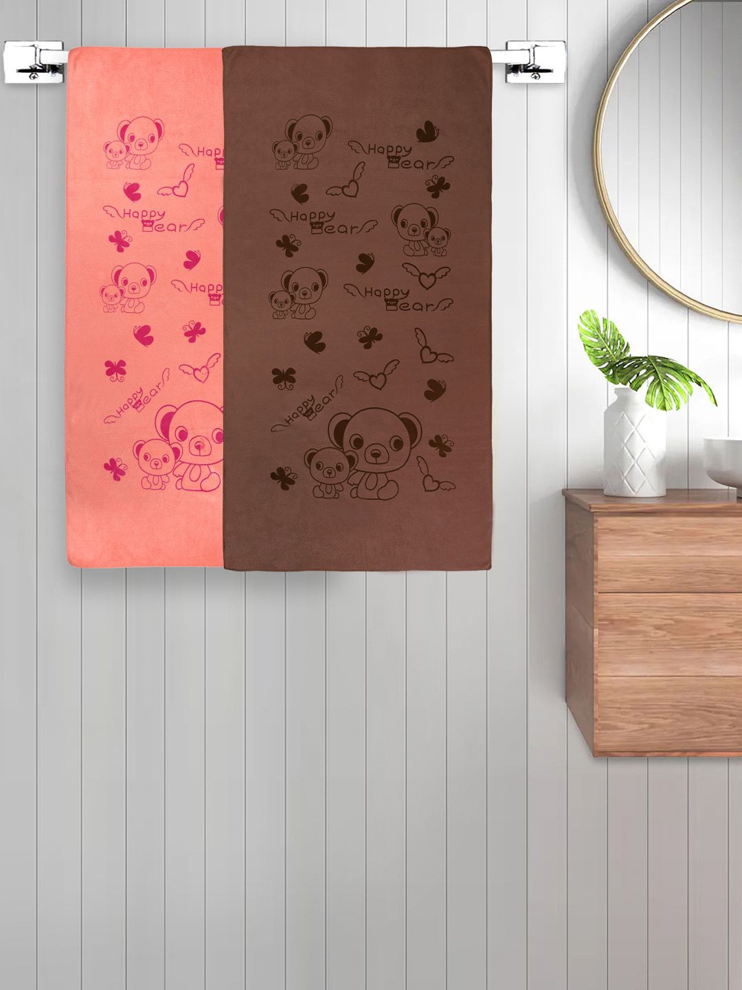 FABINALIV Orange & Brown 2 Pieces Cartoon Printed Cotton 300 GSM Kids Bath Towels
