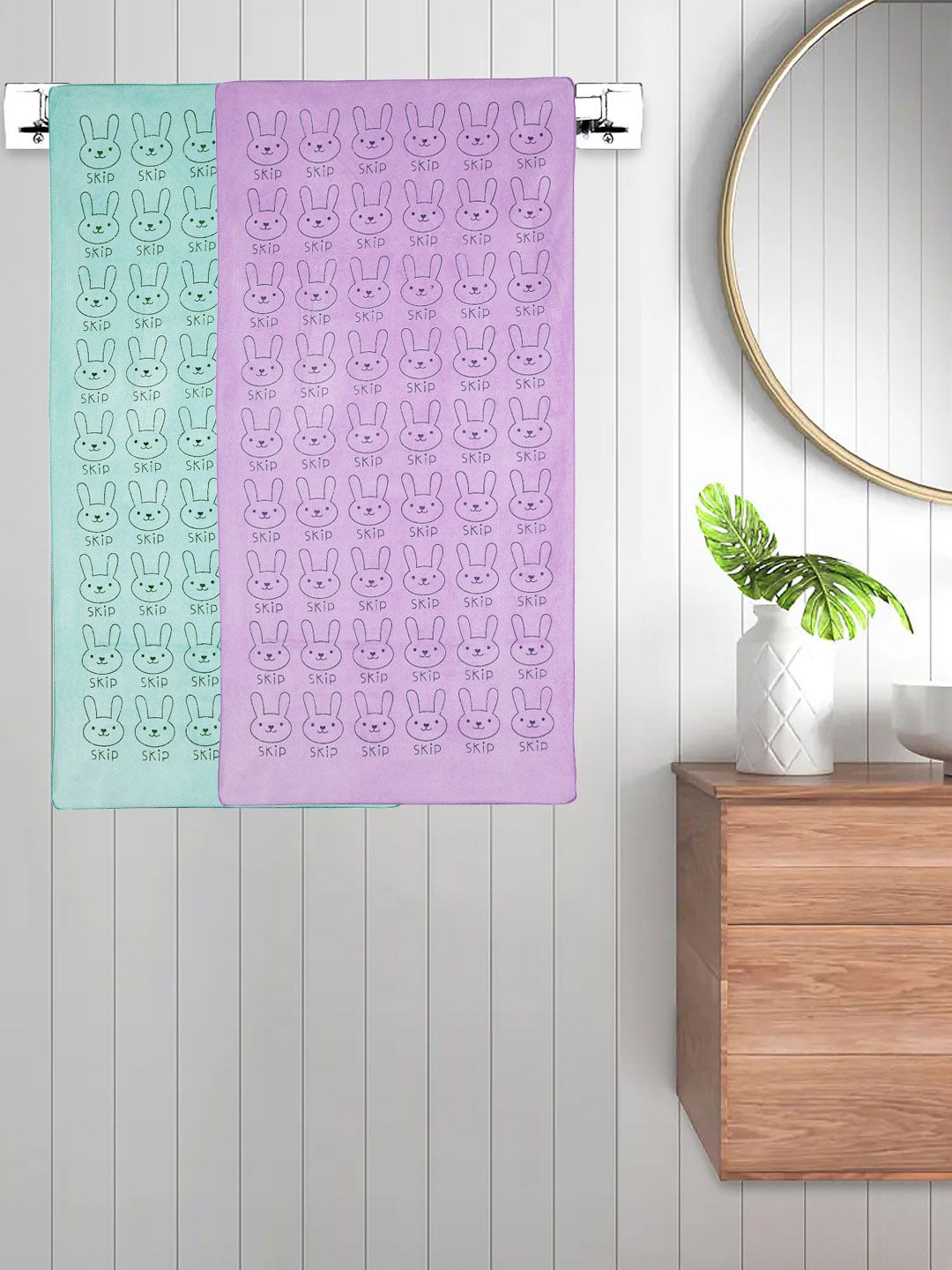 FABINALIV Kids Purple & Green 2 Pieces Printed Cotton 300 GSM Bath Towel