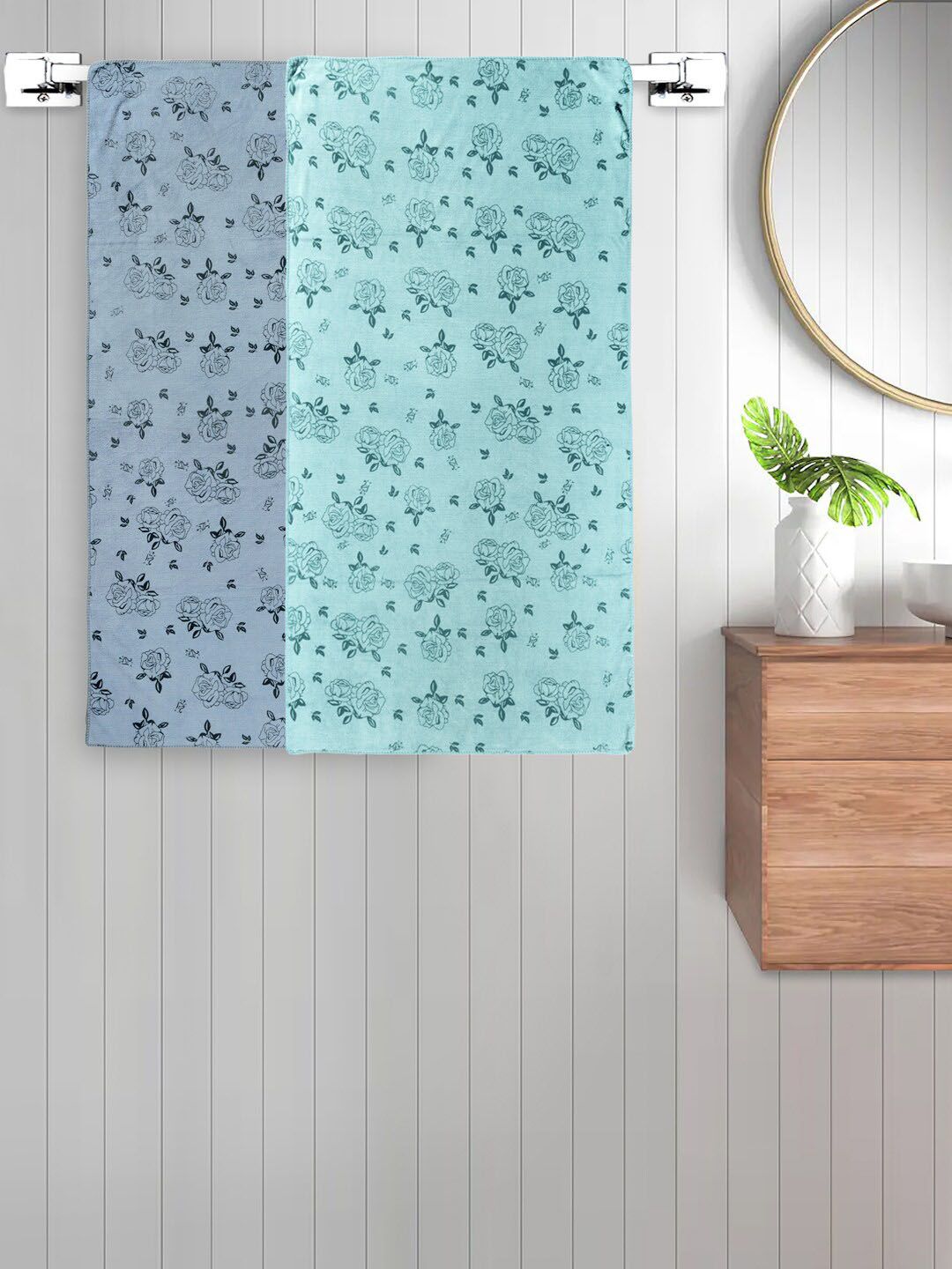 FABINALIV Kids Grey & Blue 2 Pieces Printed Cotton 300 GSM Bath Towel