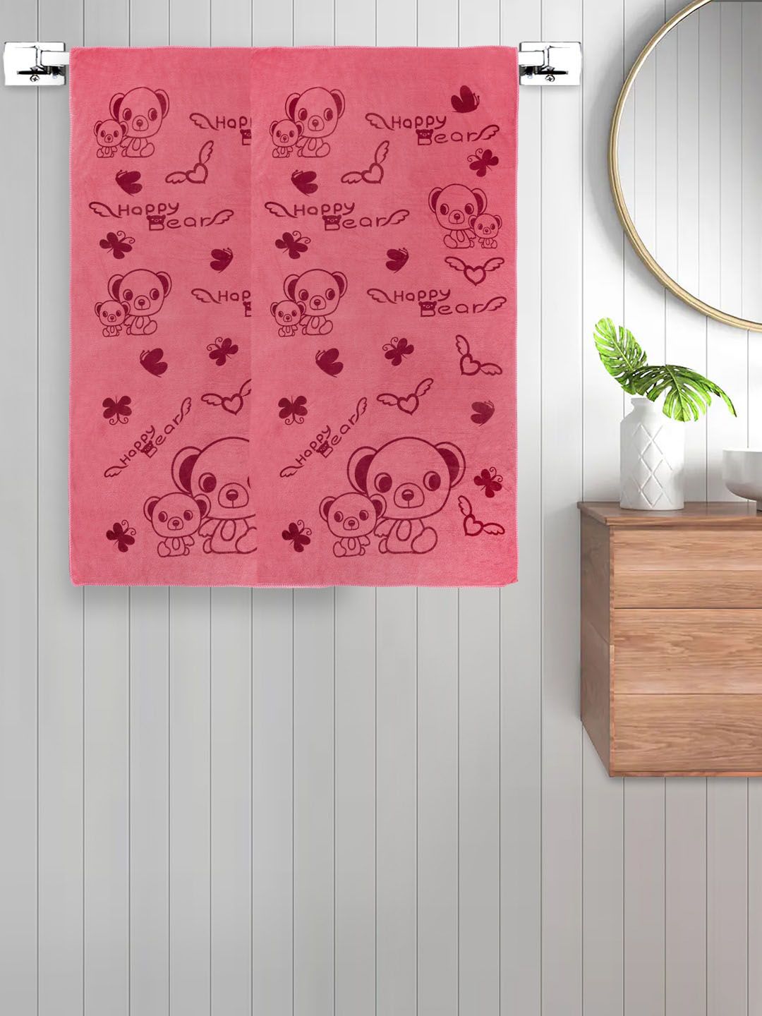 FABINALIV Kids Red 2 Pieces Printed Cotton 300 GSM Bath Towel