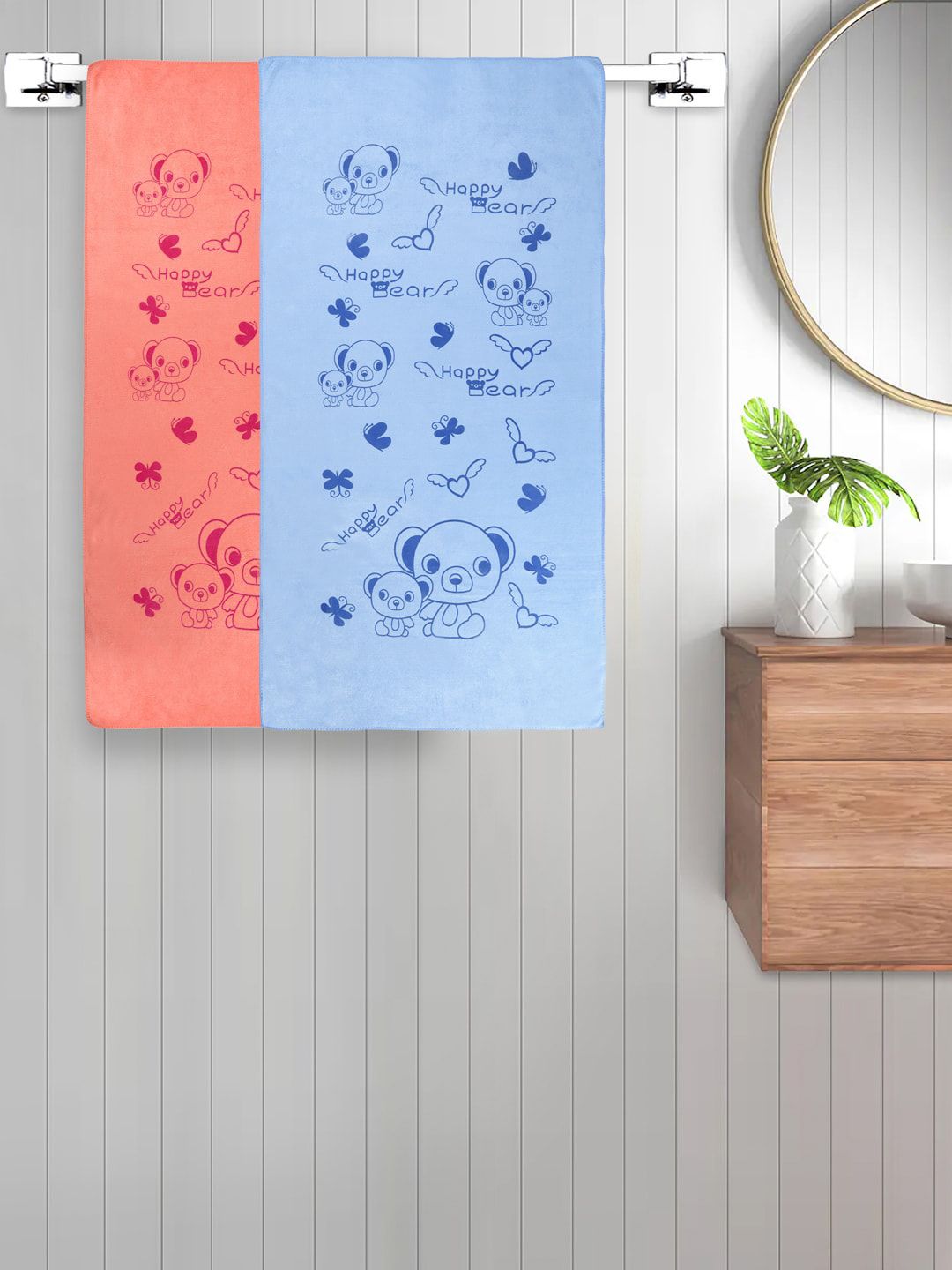 FABINALIV Unisex Kids Blue and Orange 2 Pieces Cotton 300 GSM Bath Towels