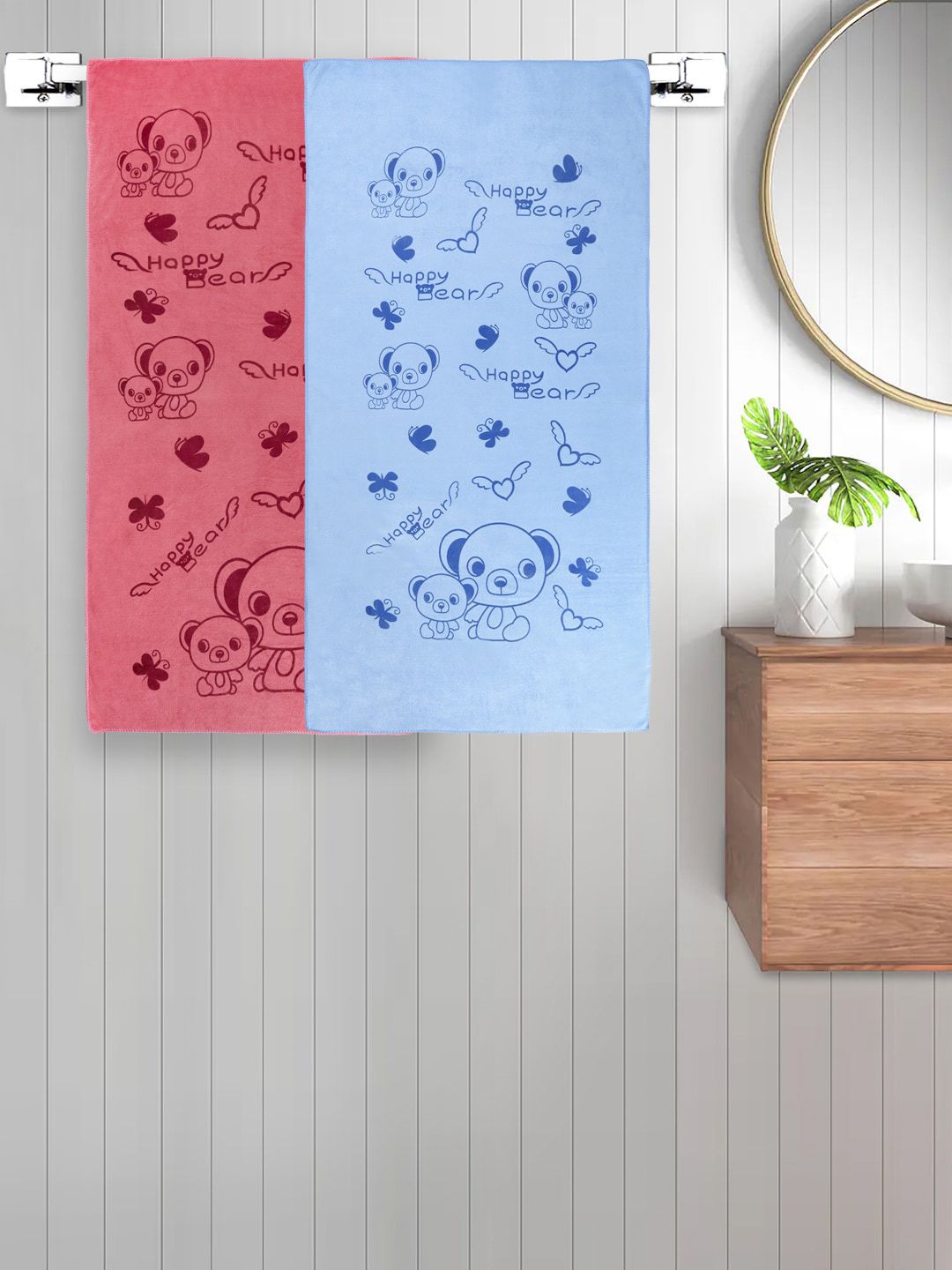 FABINALIV Unisex Kids Blue and Red 2 Pieces Cotton 300 GSM Bath Towels