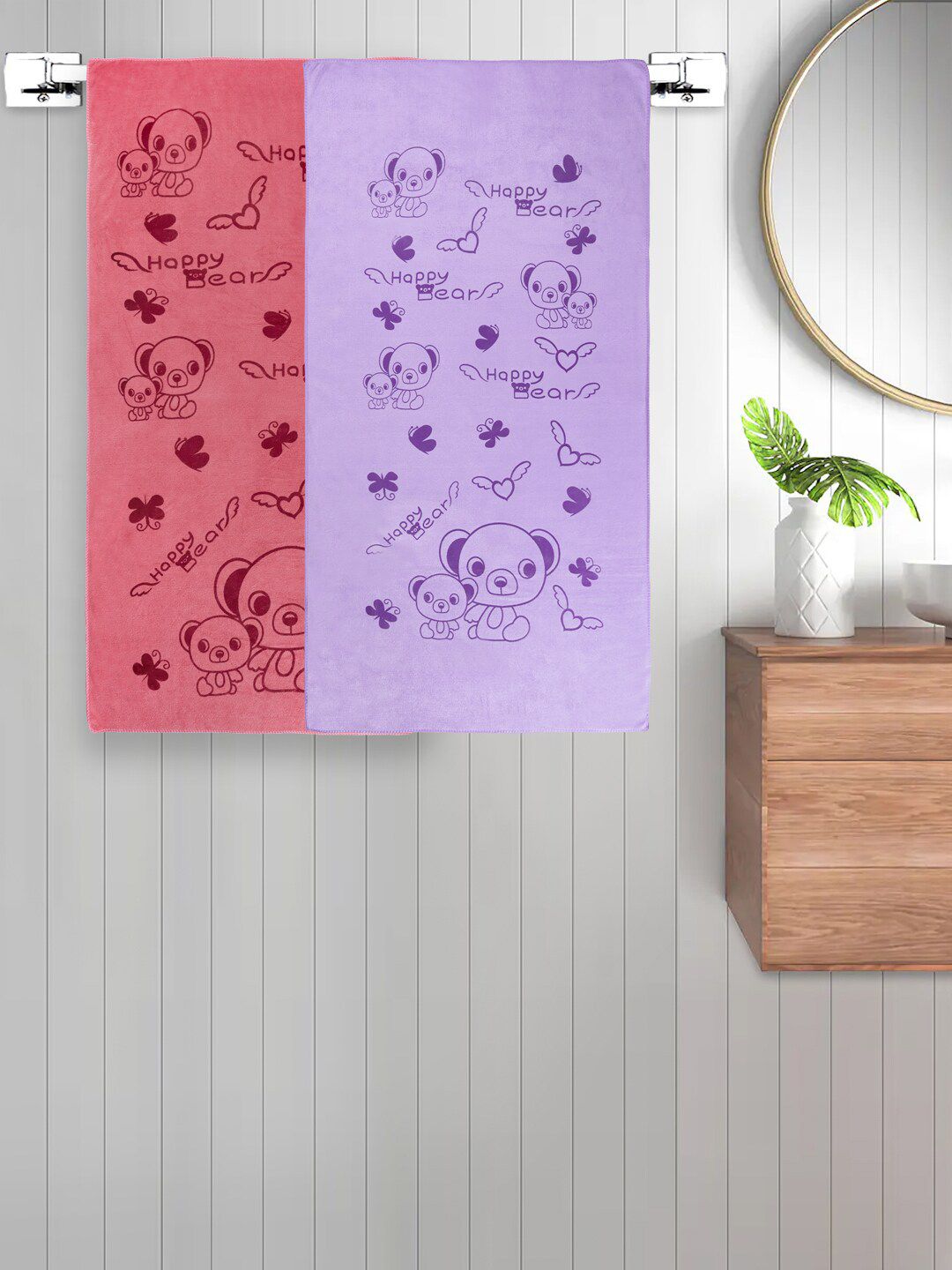FABINALIV Unisex Kids Purple and Red 2 Pieces Printed Cotton 300 GSM Bath Towels