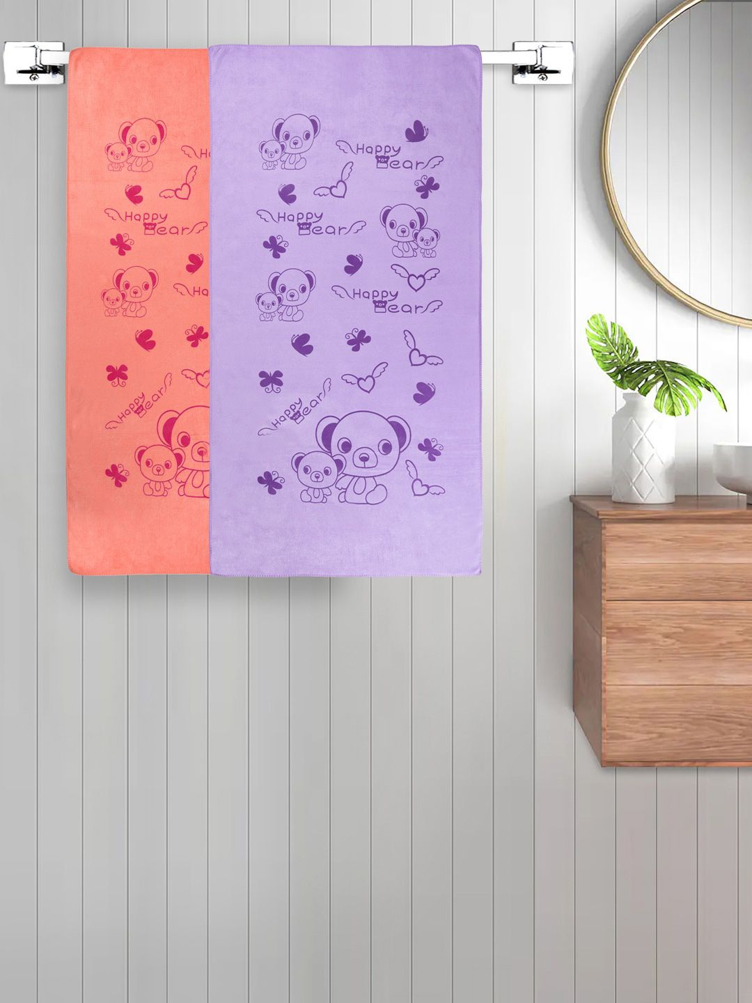 FABINALIV Unisex Kids Orange and Purple 2 Pieces Printed Cotton 300 GSM Bath Towels