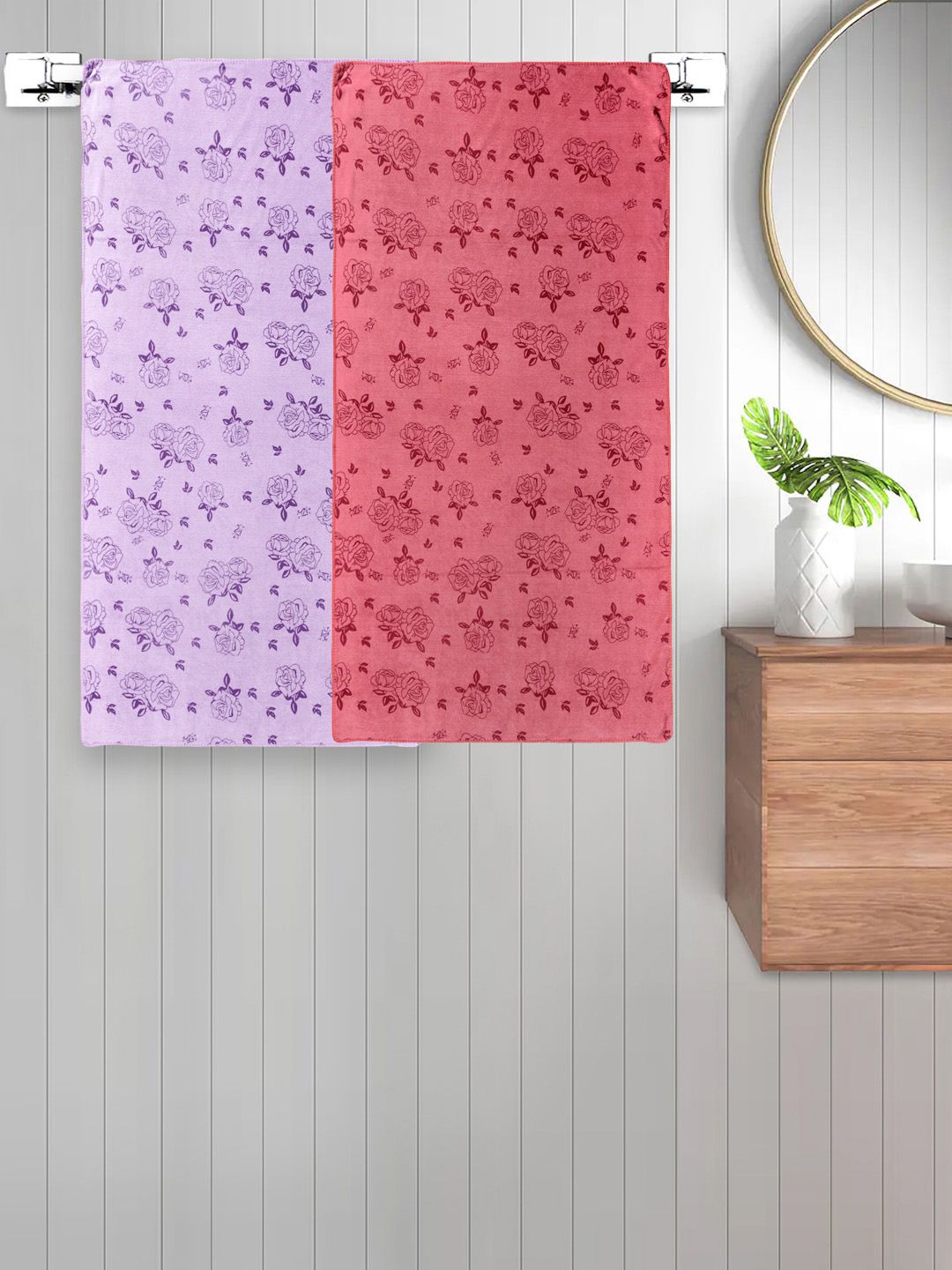 FABINALIV Unisex Kids Purple and Red 2 Pieces Floral Printed Cotton 300 GSM Bath Towels
